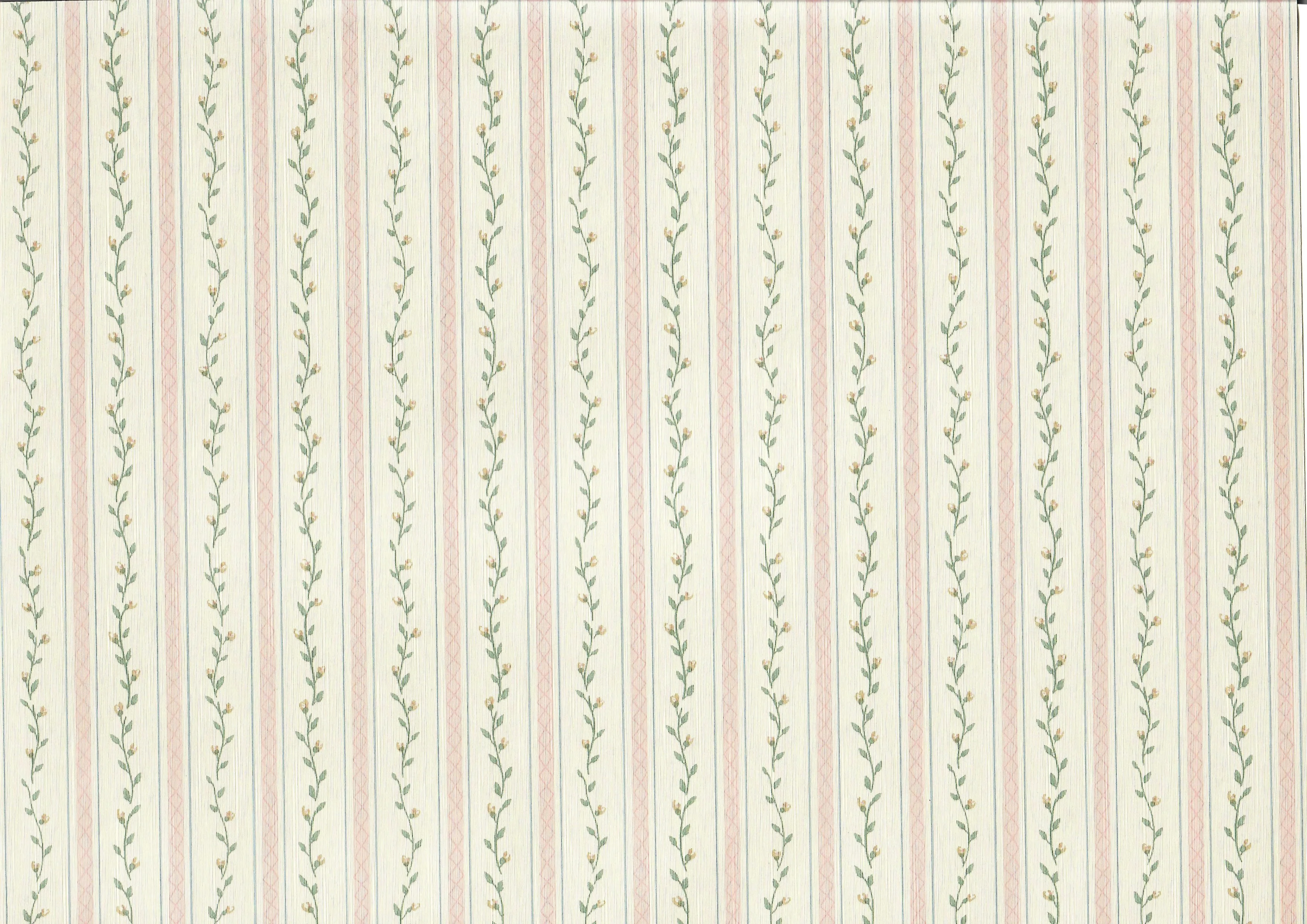 Dollhouse Wallpaper Pink Strip Floral Vine 3 Sheets 1:12 Scale Cream Pink Green