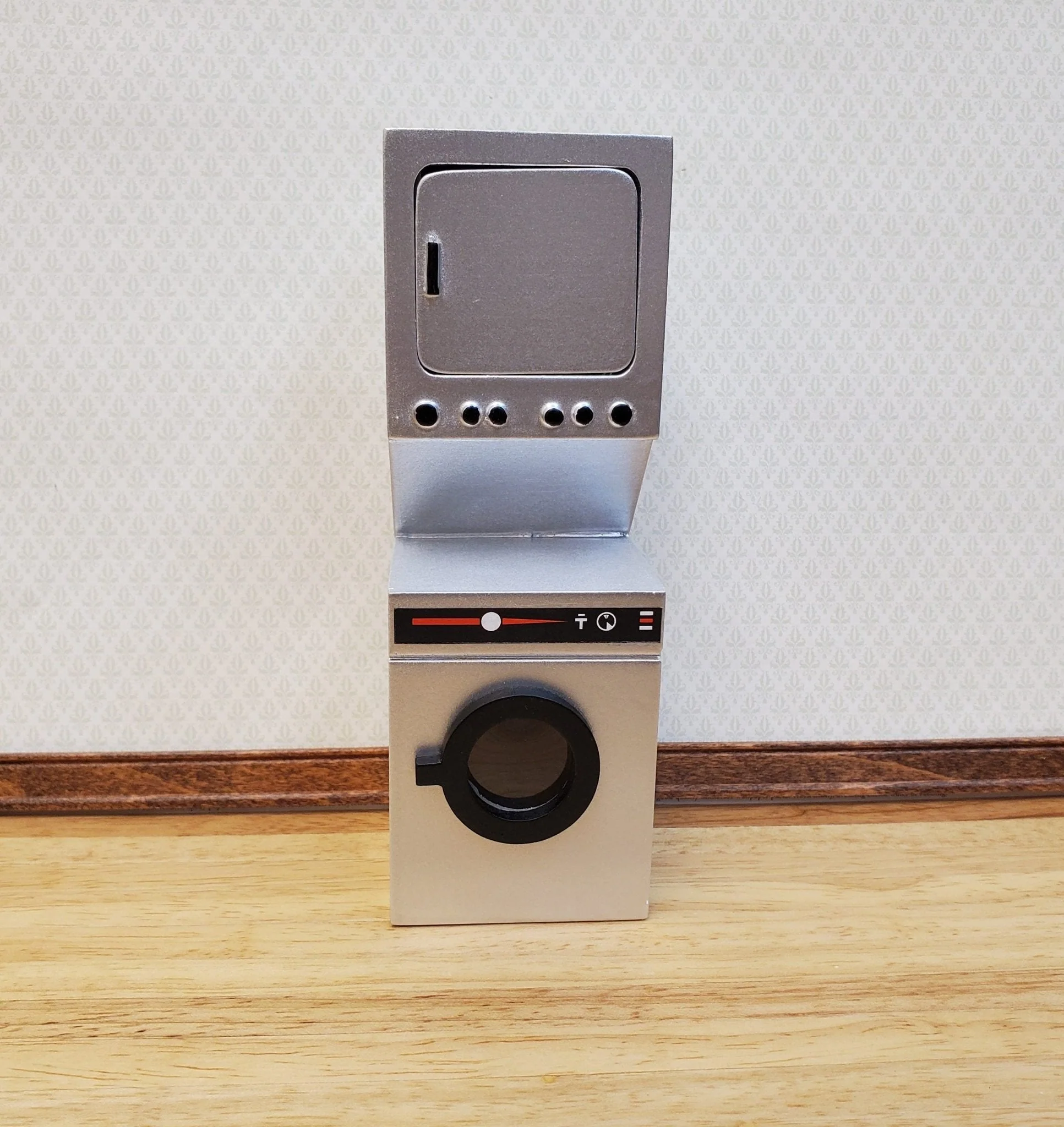 Dollhouse Washing Machine & Dryer Stacked Modern Silver 1:12 Scale Miniature - Image 2