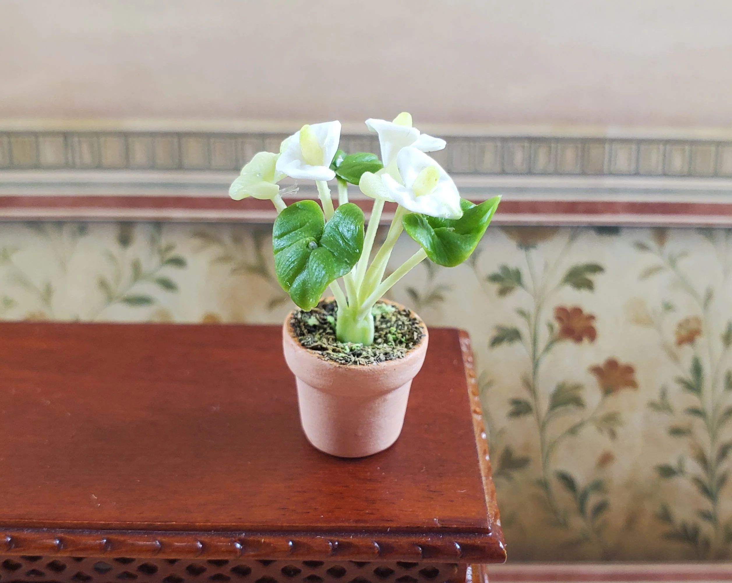 Dollhouse White Anthurium Flowering Plant Terra Cotta Pot 1:12 Scale Miniature - Image 2