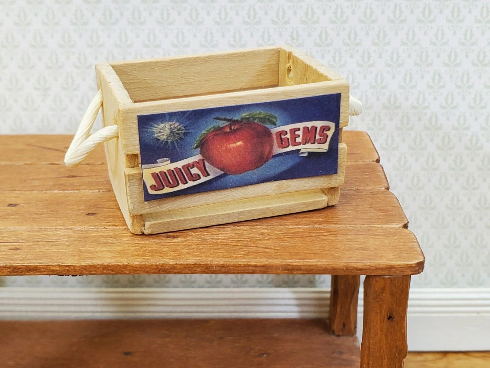 Dollhouse Wood Crate Slatted with Apple Label and Handles 1:12 Scale Miniature
