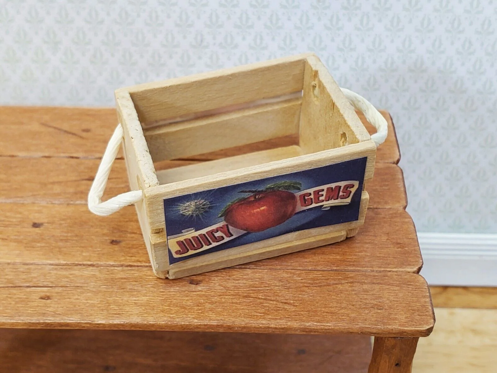 Dollhouse Wood Crate Slatted with Apple Label and Handles 1:12 Scale Miniature - Image 2