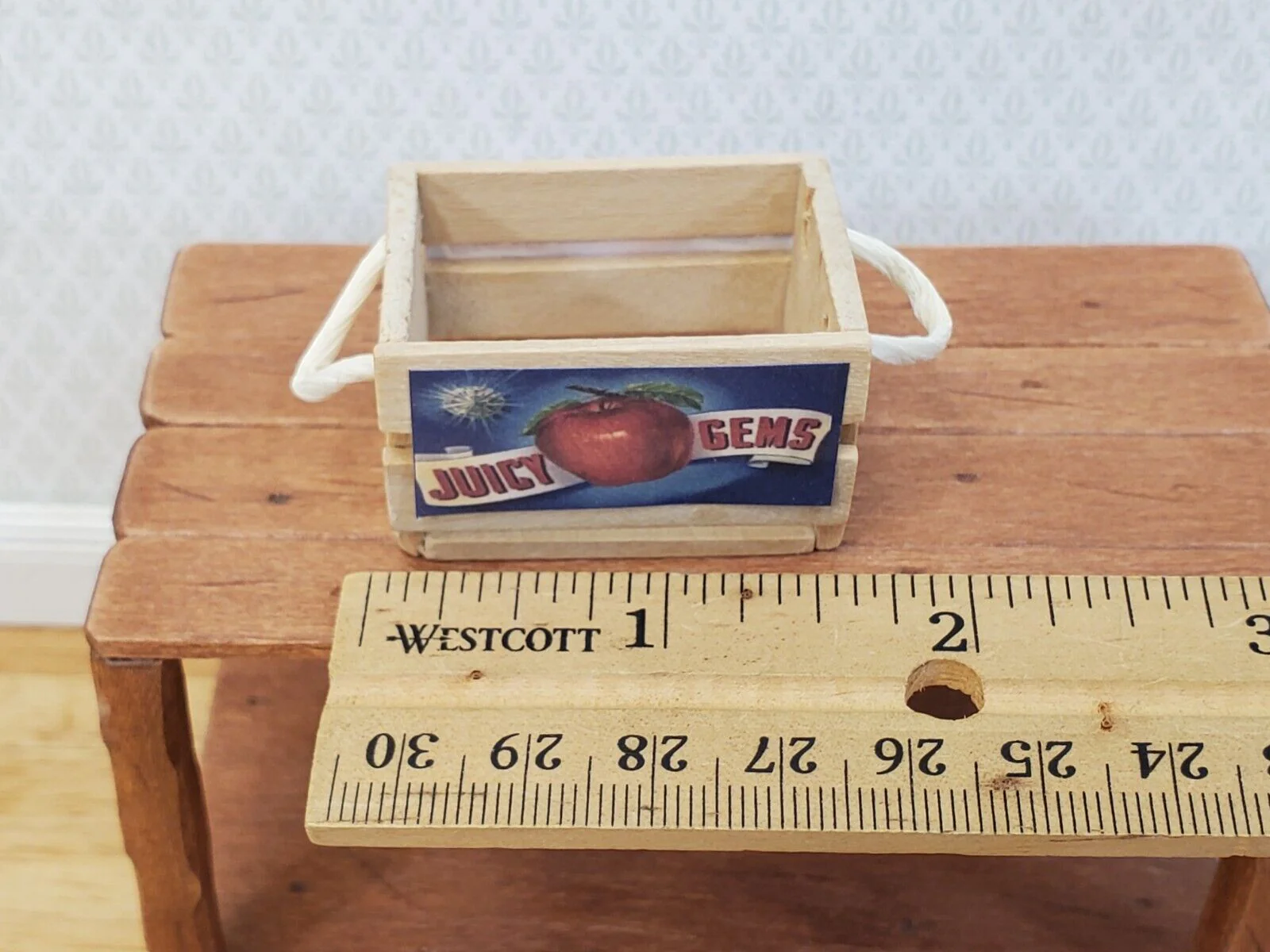 Dollhouse Wood Crate Slatted with Apple Label and Handles 1:12 Scale Miniature - Image 3