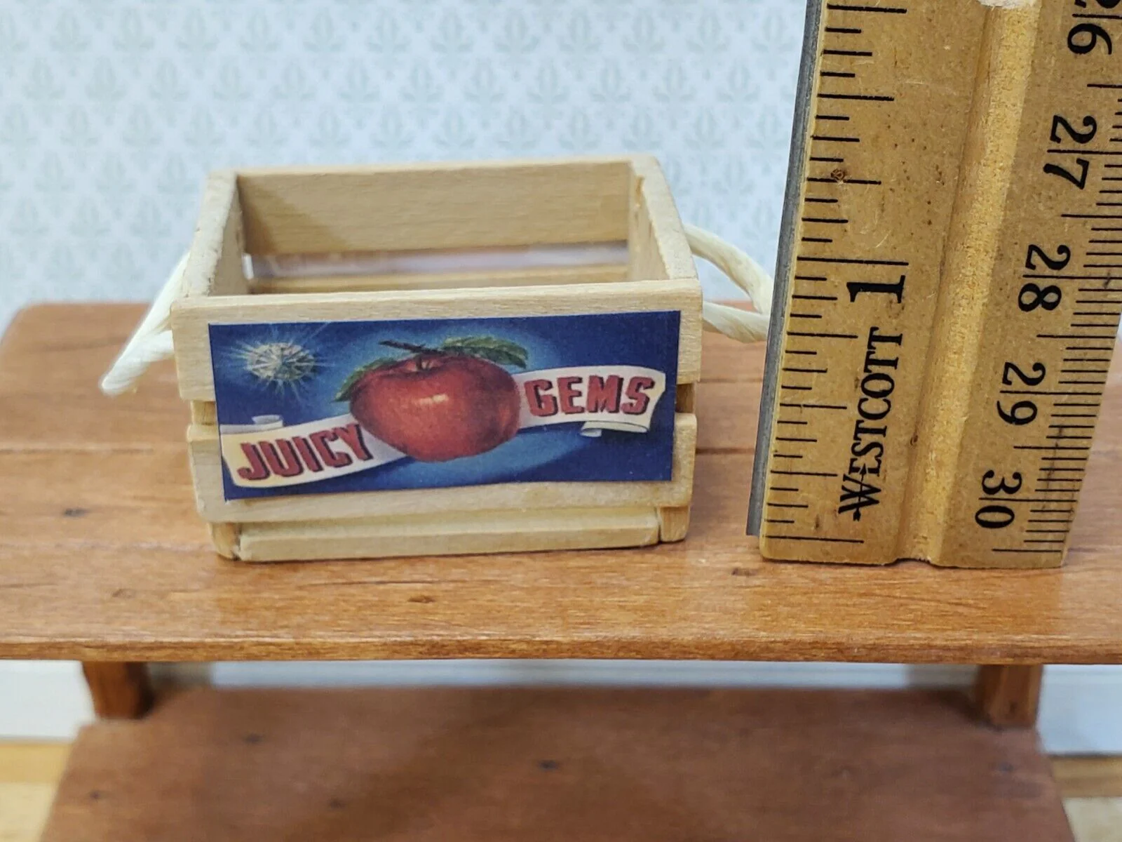 Dollhouse Wood Crate Slatted with Apple Label and Handles 1:12 Scale Miniature - Image 4