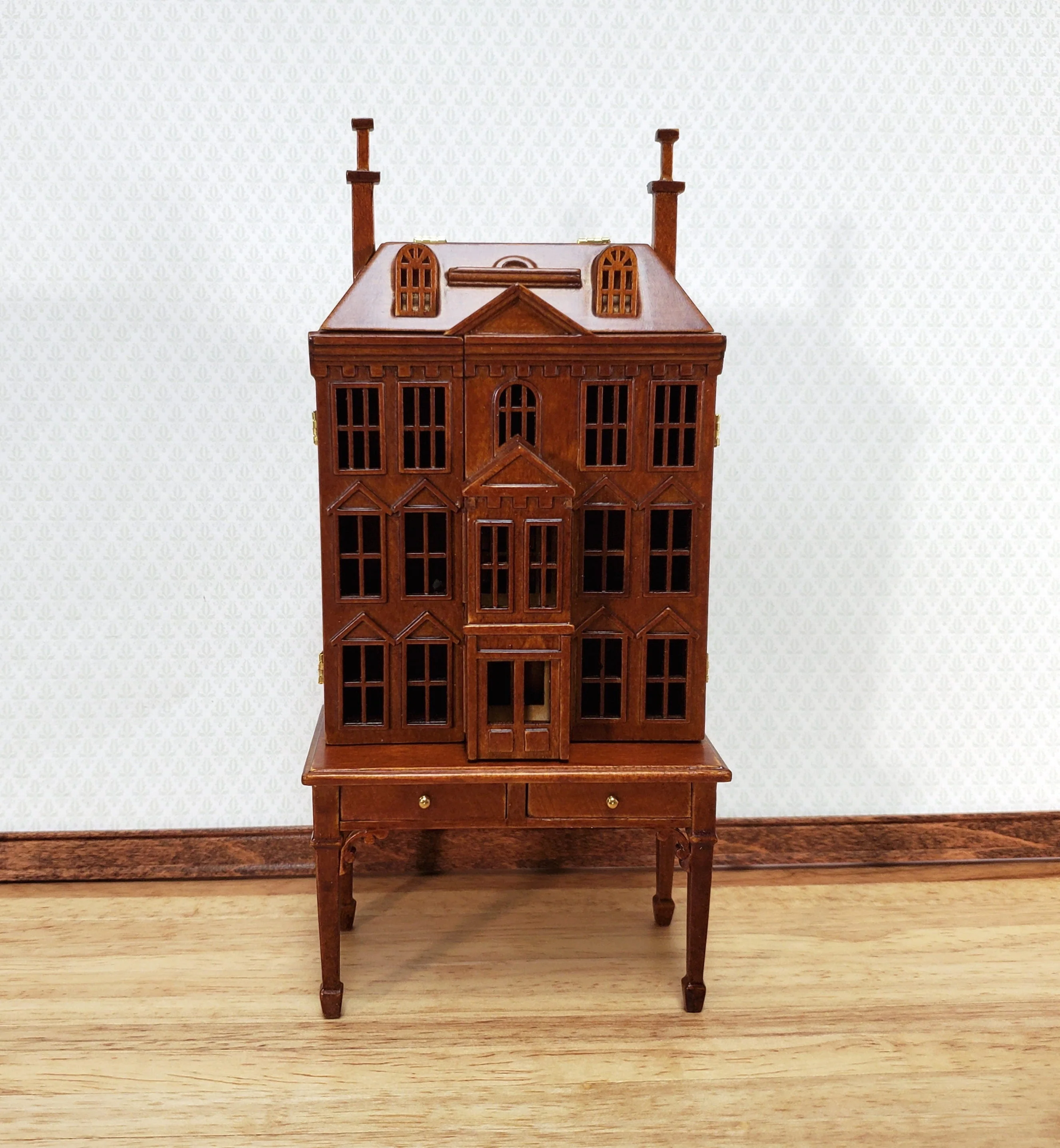 1:144 Scale Dollhouse with Table Walnut Finish 4 Level Front Opening by JBM - Image 2