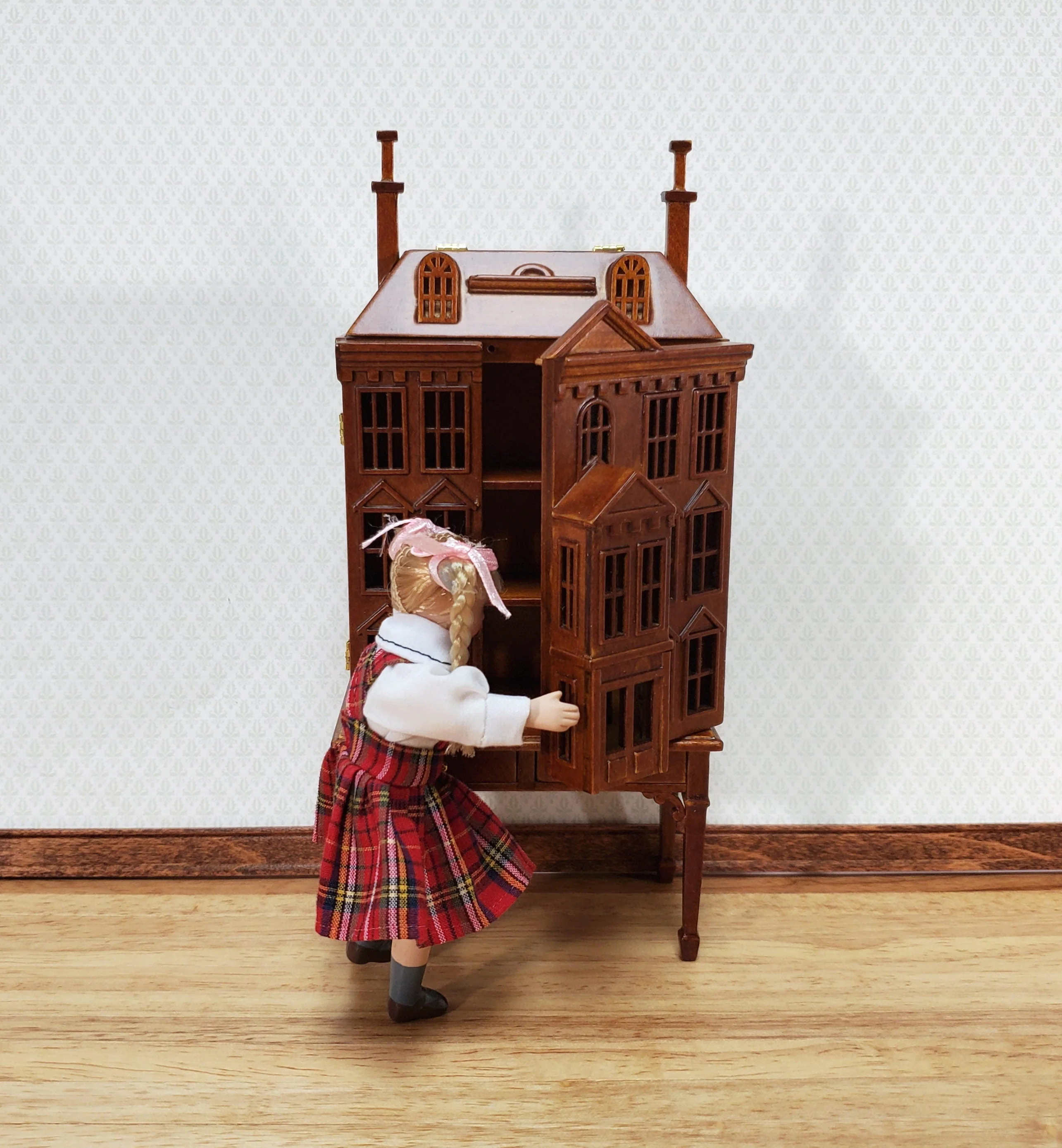 1:144 Scale Dollhouse with Table Walnut Finish 4 Level Front Opening by JBM - Image 5