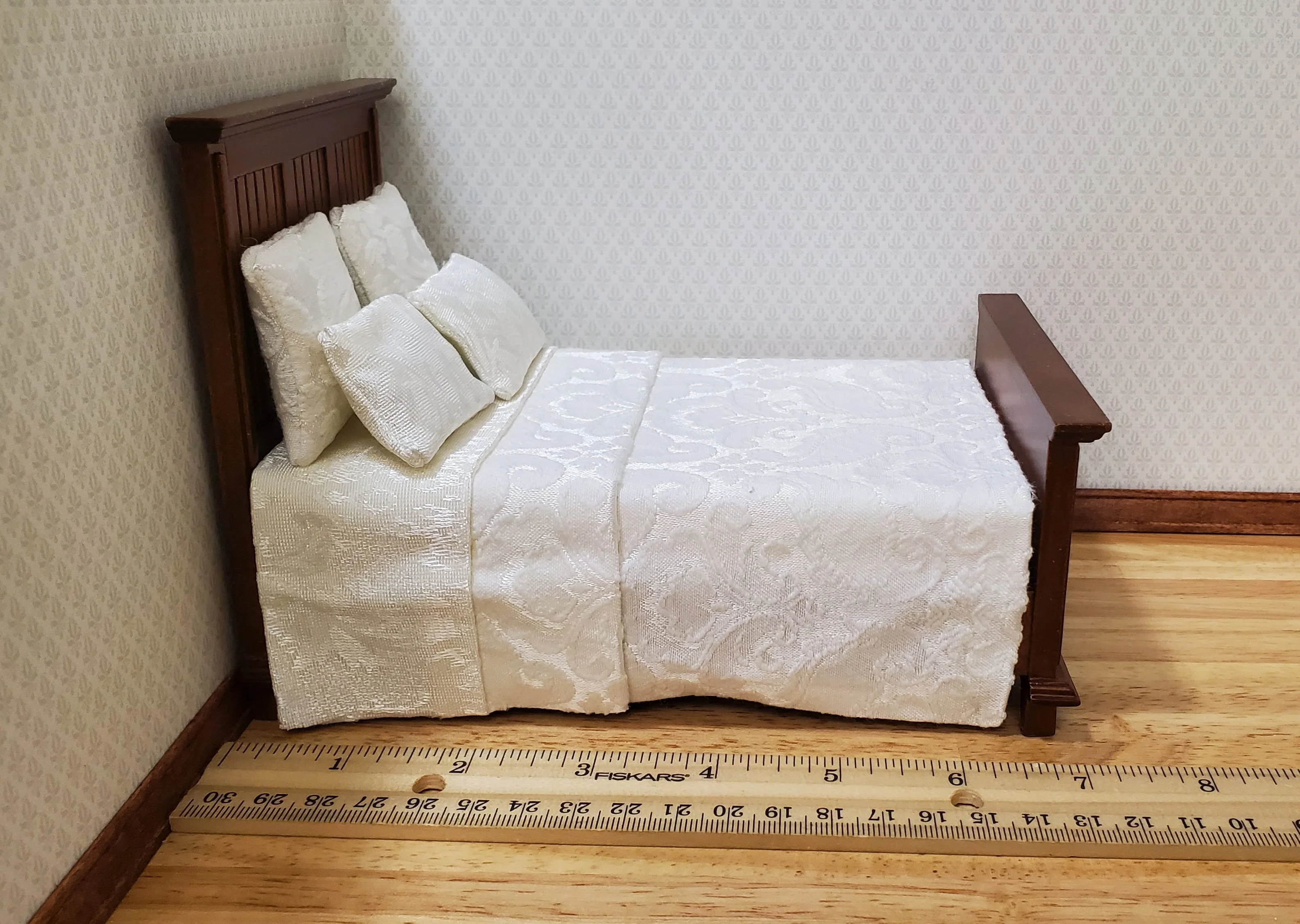 JBM Dollhouse Bed Farmhouse Country Style Walnut Finish 1:12 Miniature Furniture - Image 6