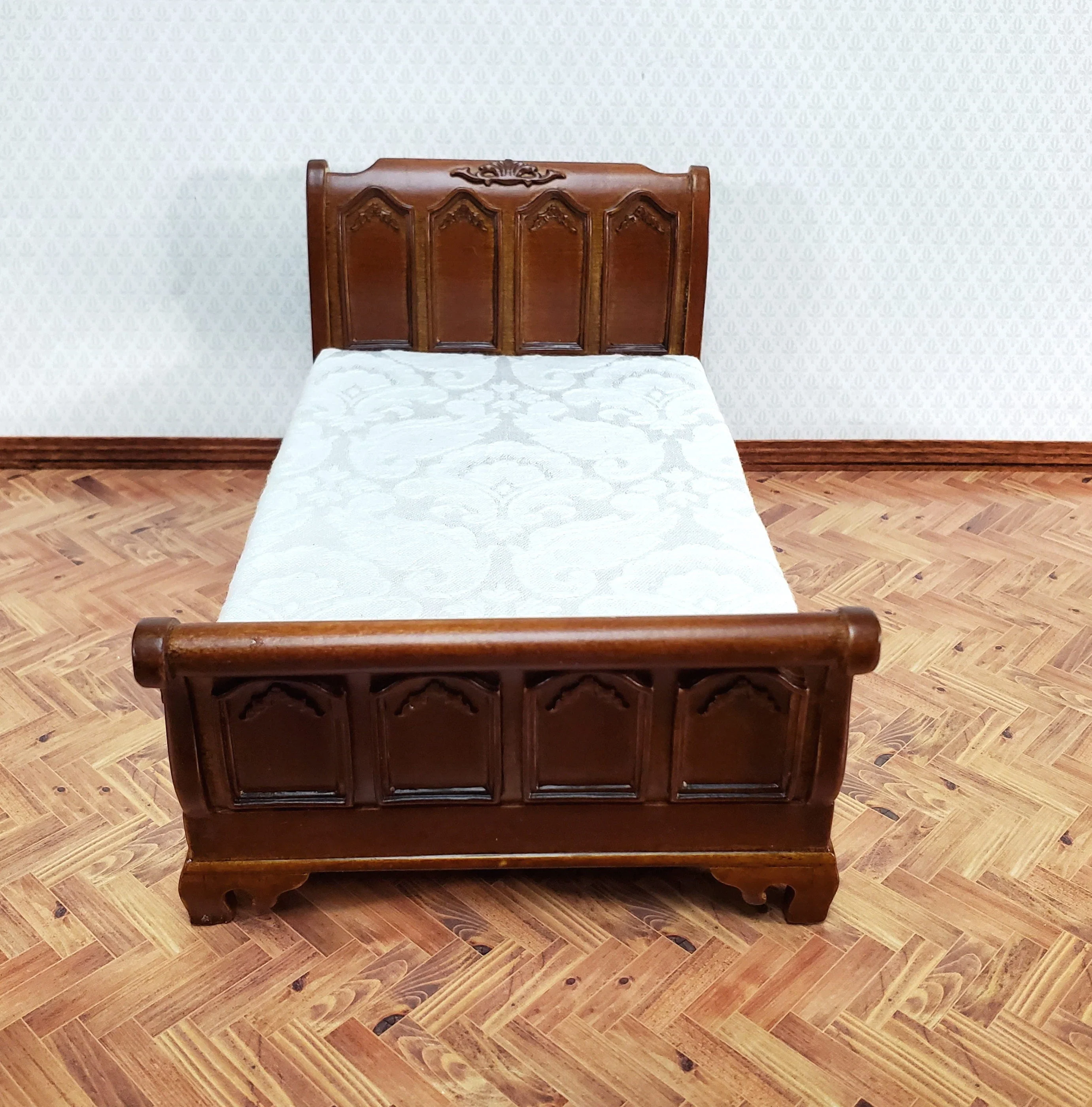 JBM Dollhouse Bed Large Victorian Style 1:12 Miniature Furniture Walnut Finish - Image 2