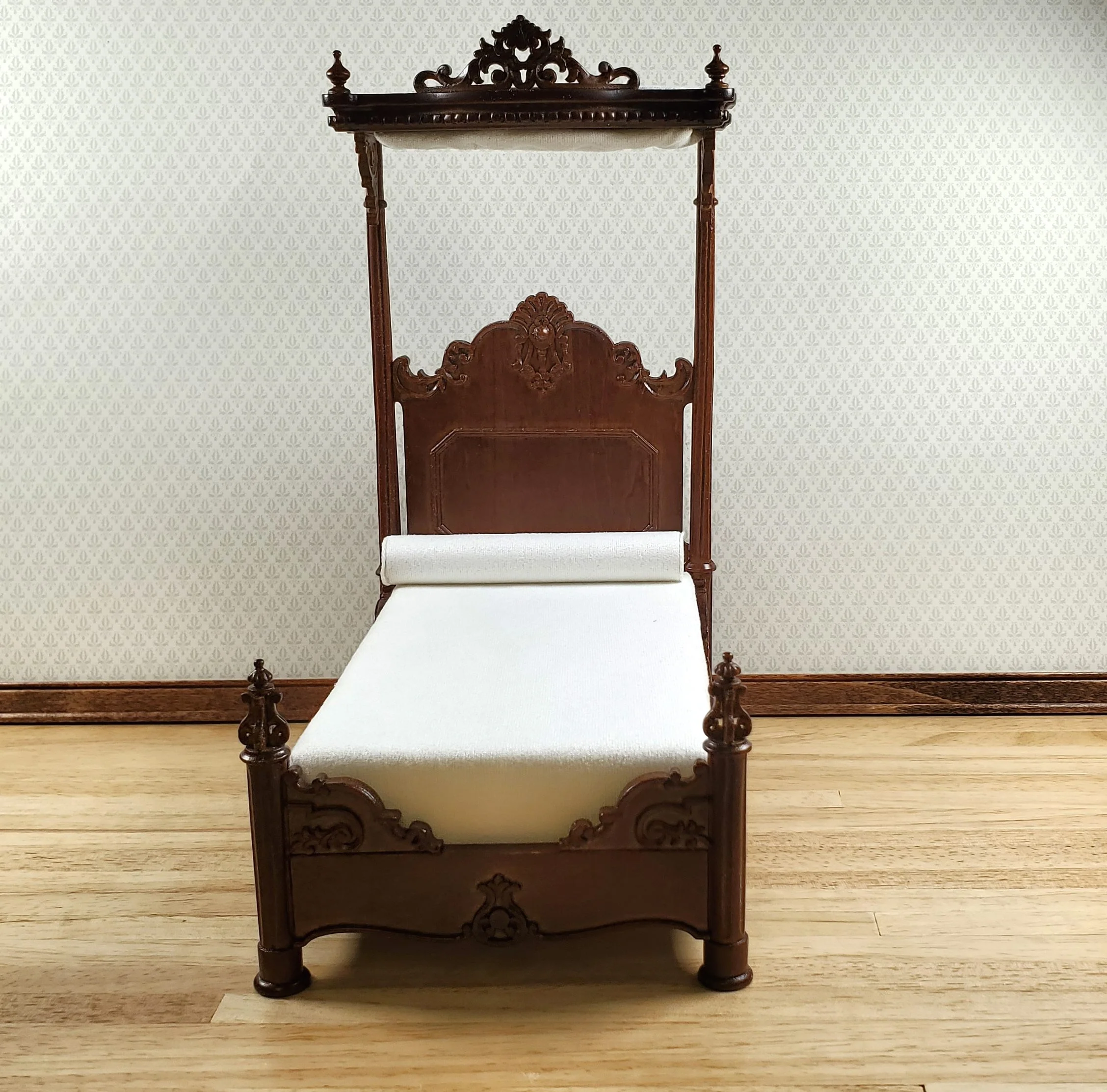 JBM Dollhouse Bed Large Victorian with Canopy 1:12 Scale Furniture Walnut Finish - Image 2