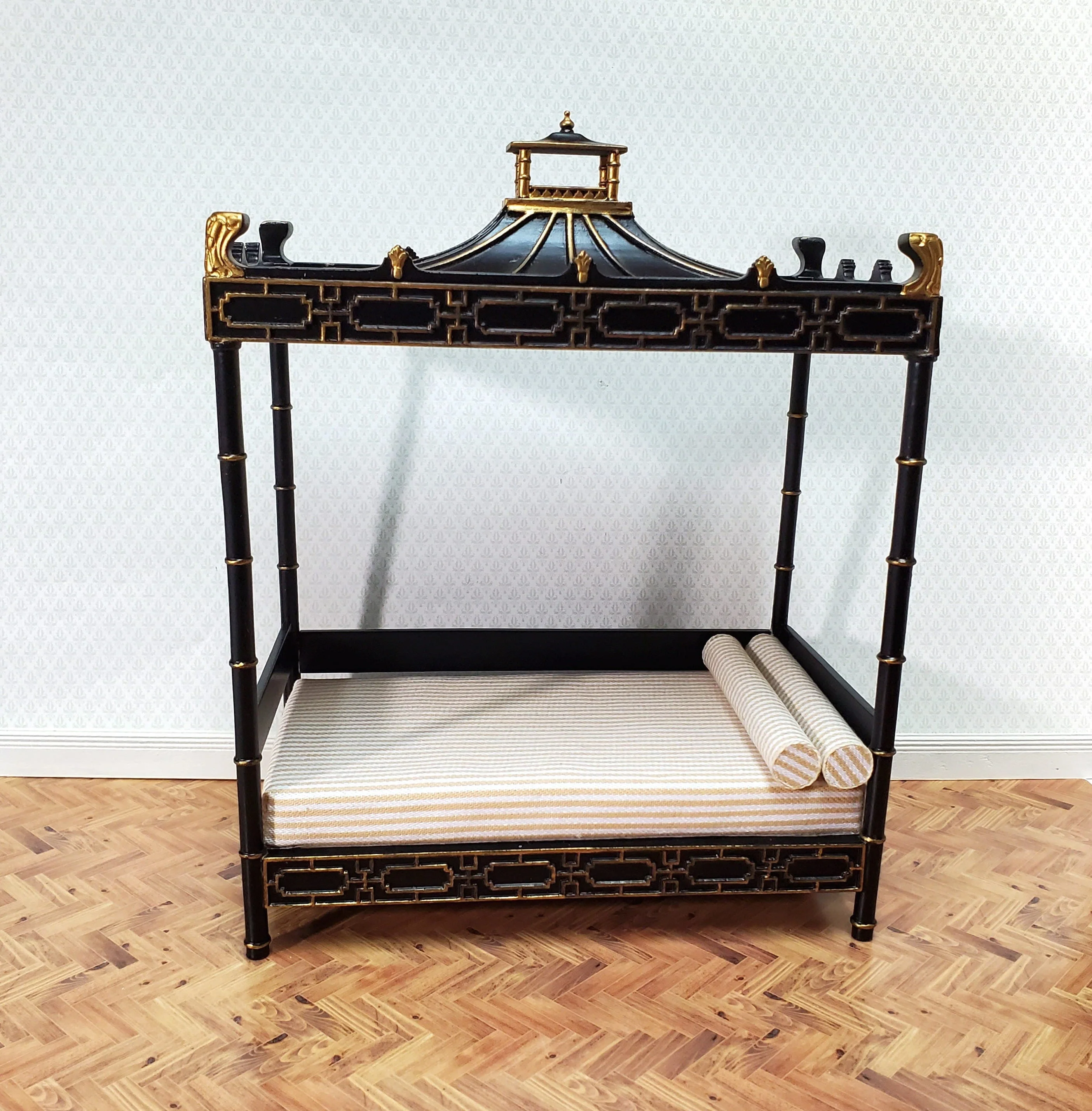 JBM Dollhouse Bed Qing Dynasty Style Black Gold 1:12 Miniature Bedroom Furniture - Image 2