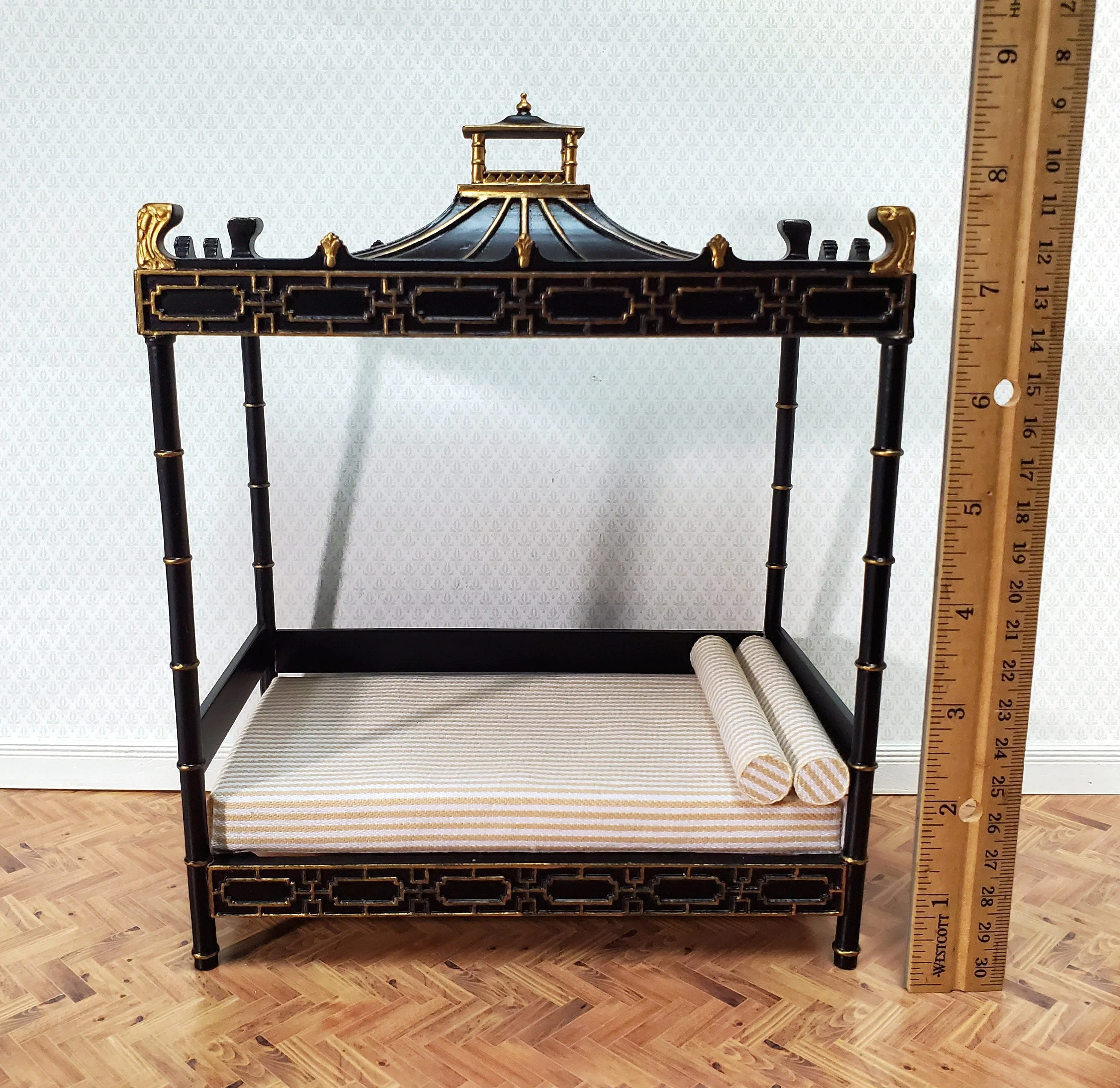 JBM Dollhouse Bed Qing Dynasty Style Black Gold 1:12 Miniature Bedroom Furniture - Image 3