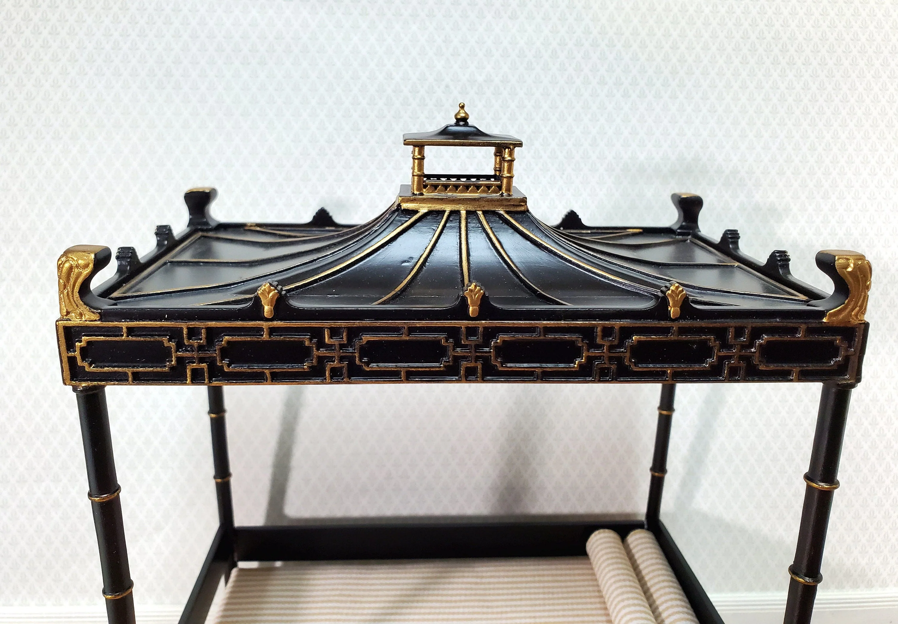 JBM Dollhouse Bed Qing Dynasty Style Black Gold 1:12 Miniature Bedroom Furniture - Image 5