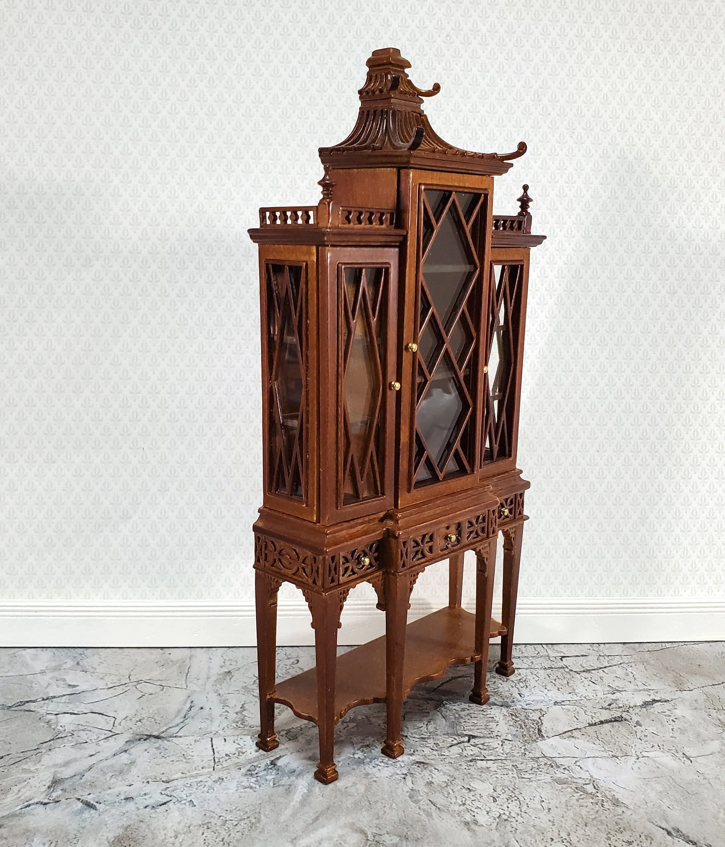 JBM Dollhouse Breakfront Display Cabinet Chippendale Style 1:12 Scale Furniture - Image 2