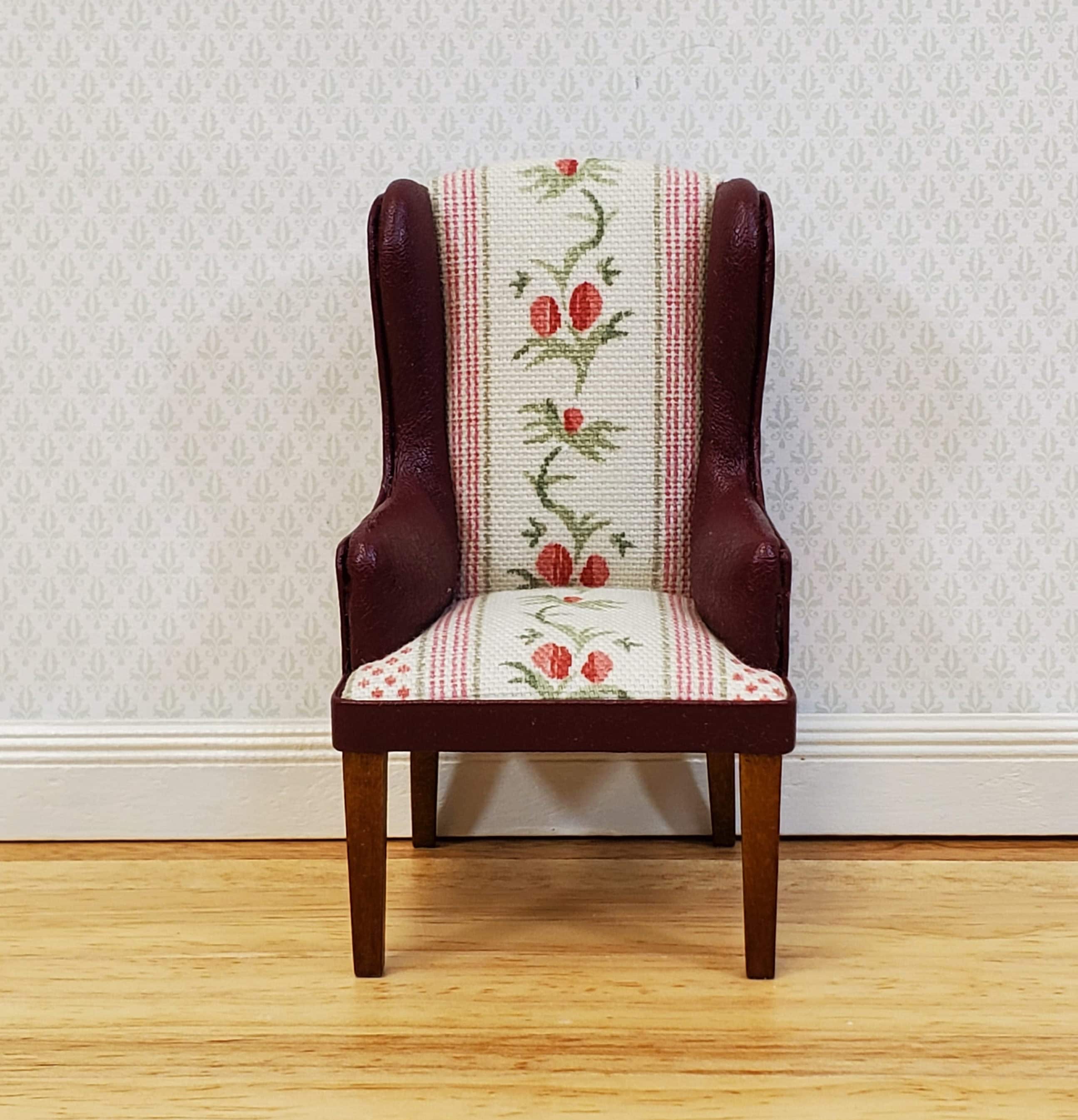JBM Dollhouse Chair Armchair Burgundy Faux Leather & Fabric 1:12 Scale Furniture - Image 2