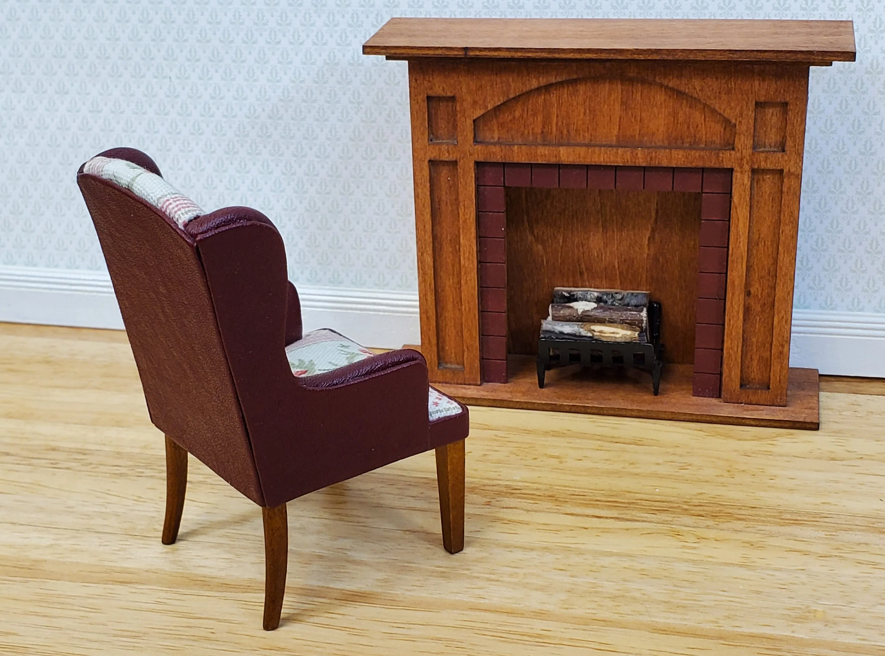 JBM Dollhouse Chair Armchair Burgundy Faux Leather & Fabric 1:12 Scale Furniture - Image 3