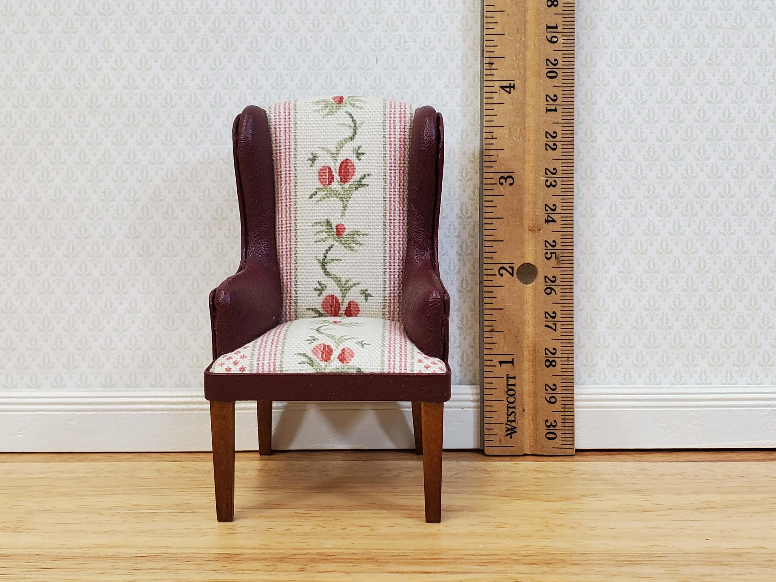 JBM Dollhouse Chair Armchair Burgundy Faux Leather & Fabric 1:12 Scale Furniture - Image 5