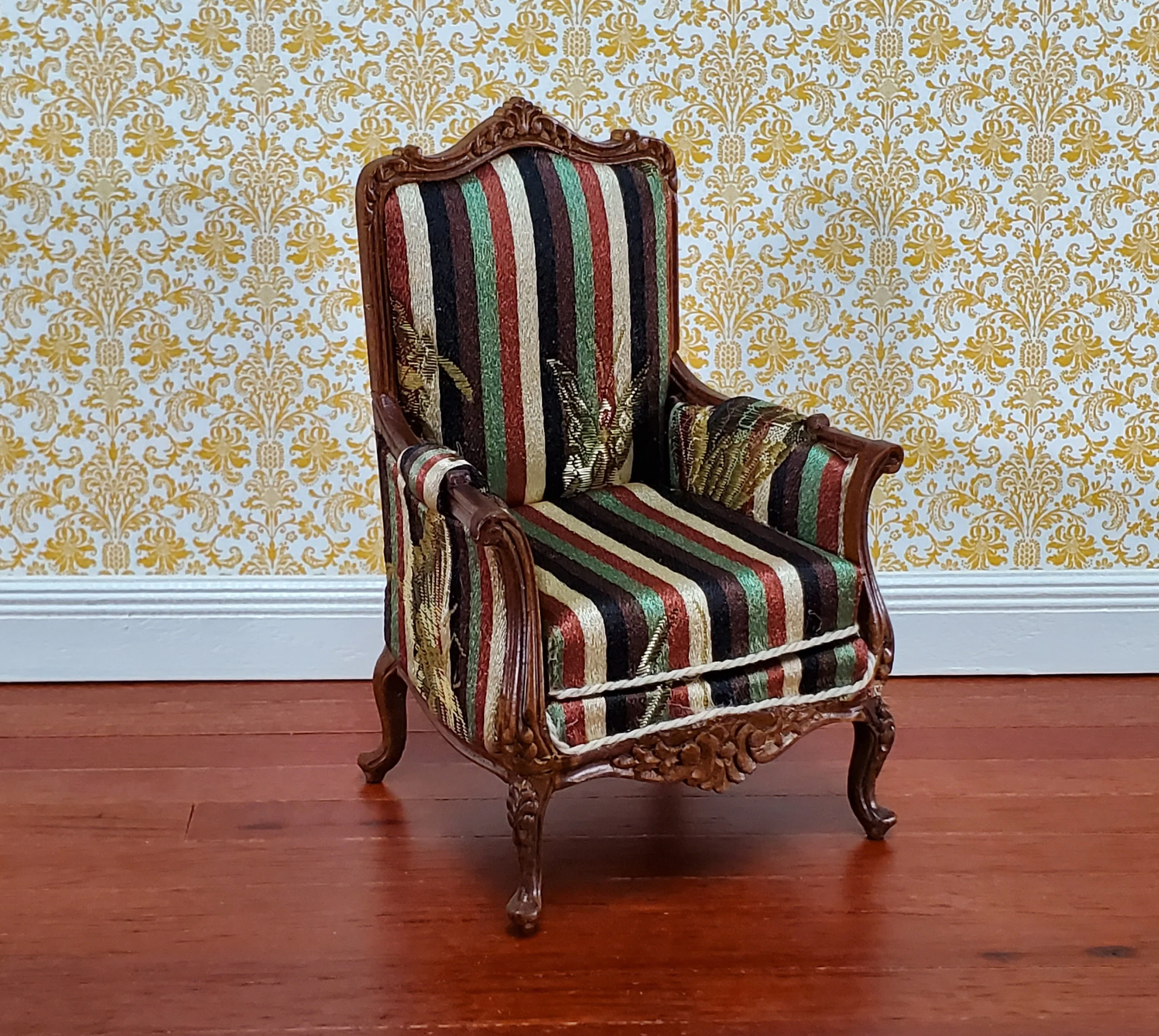JBM Dollhouse Chair Victorian Style Striped Neutral Fabric 1:12 Scale Furniture