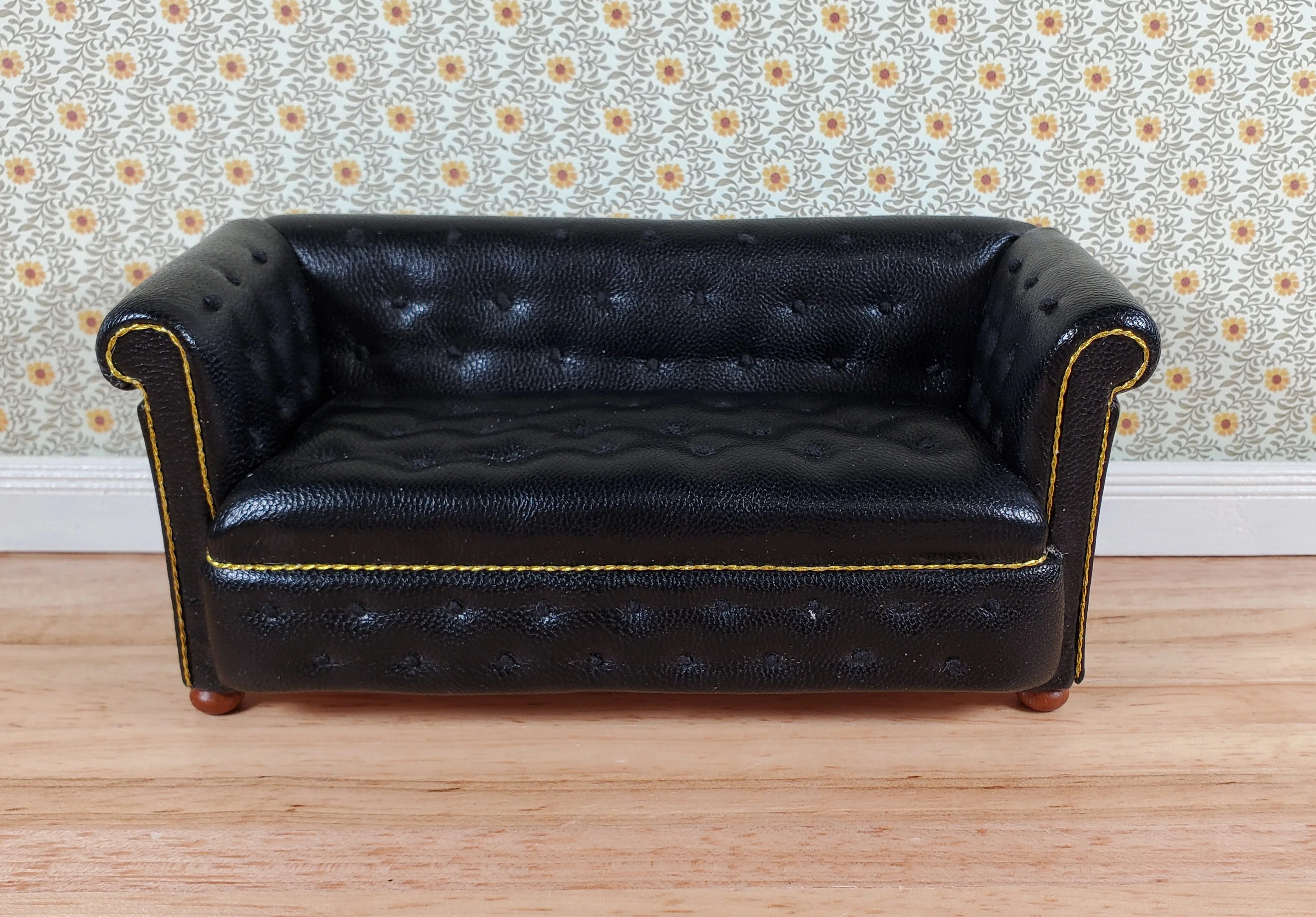 JBM Dollhouse Chesterfield Sofa Black Tufted Faux Leather 1:12 Scale Furniture - Image 2