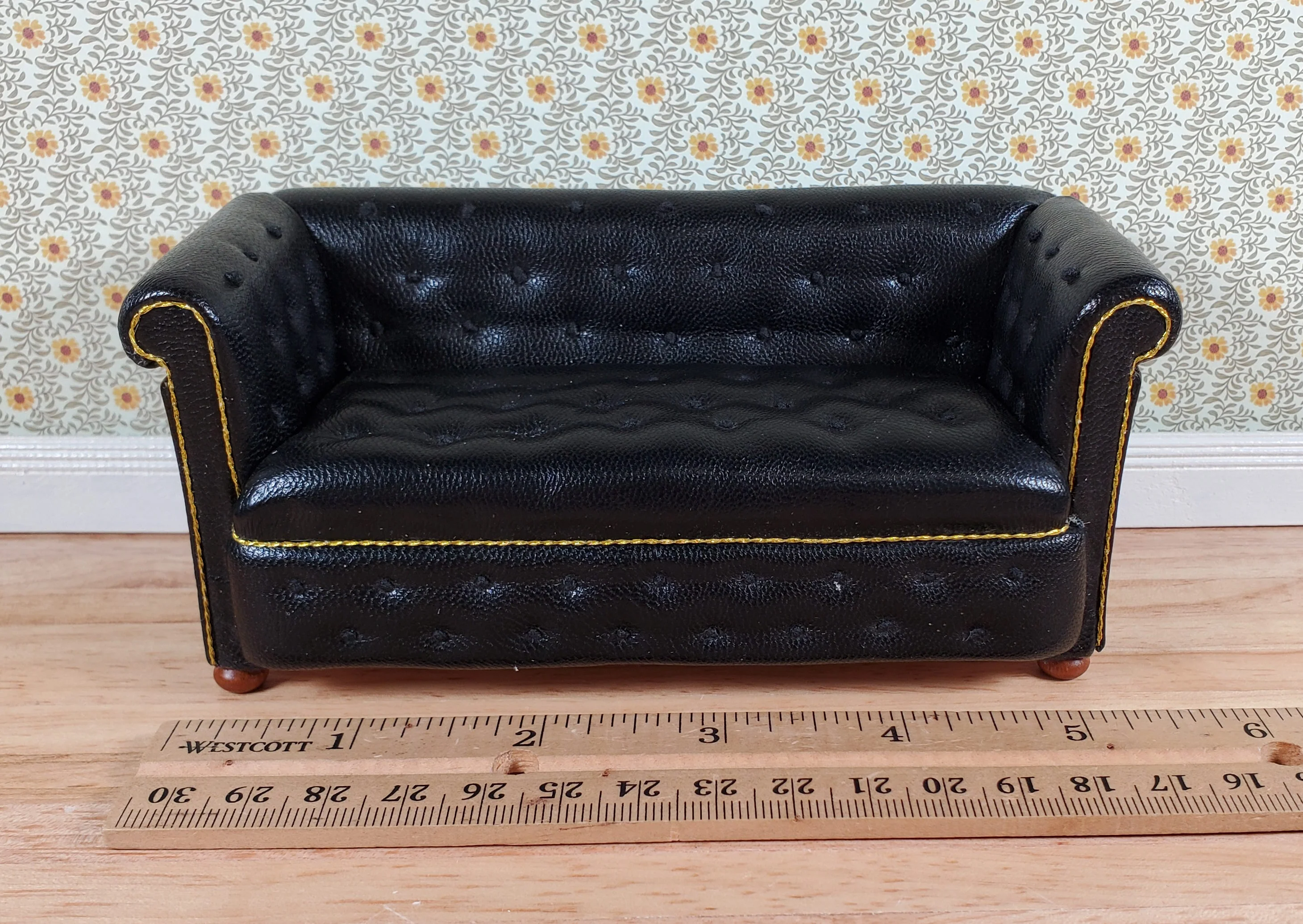JBM Dollhouse Chesterfield Sofa Black Tufted Faux Leather 1:12 Scale Furniture - Image 6