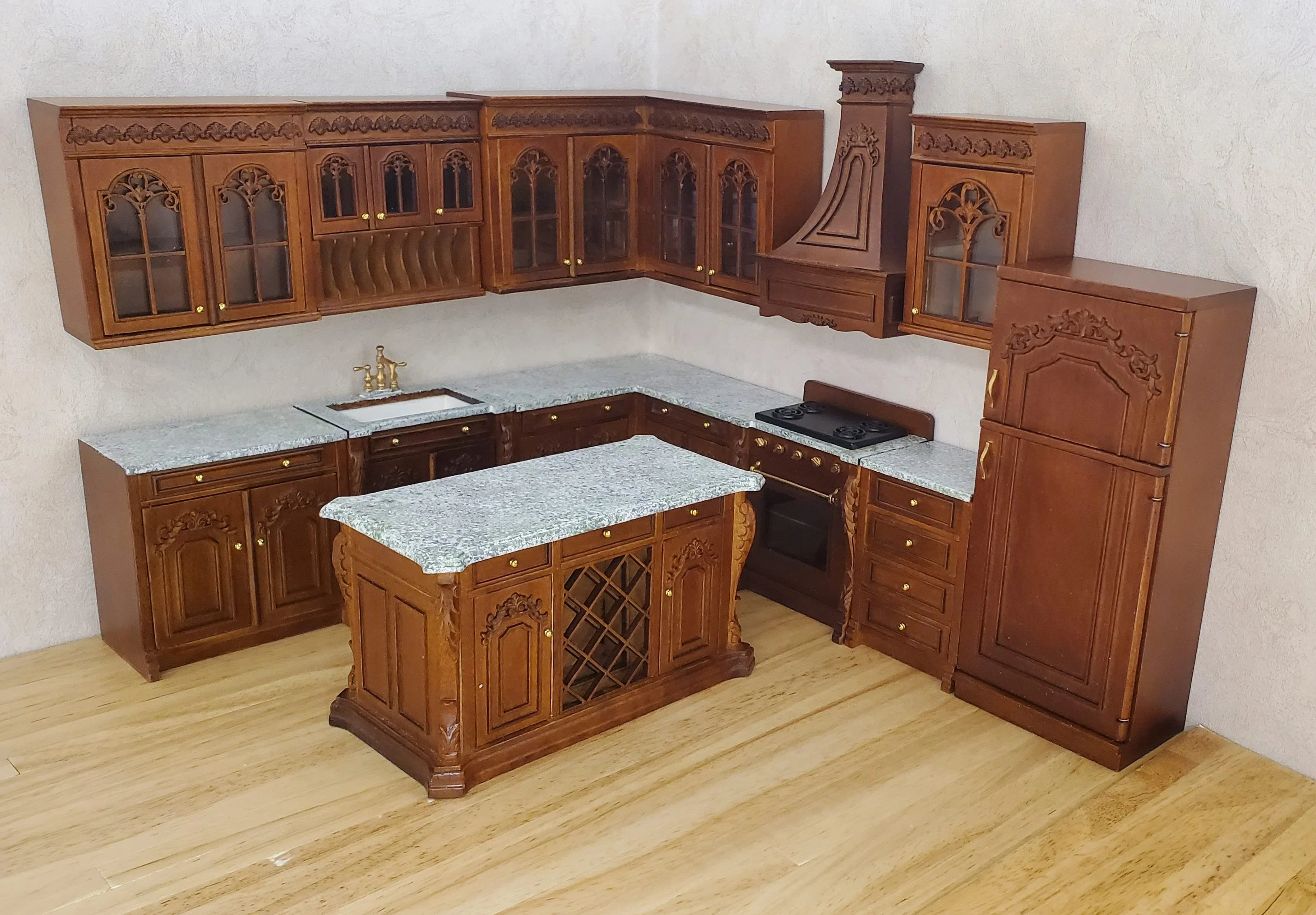 JBM Dollhouse Deluxe Kitchen Set 12 Pcs Stove Sink Cupboards Fridge Walnut 1:12