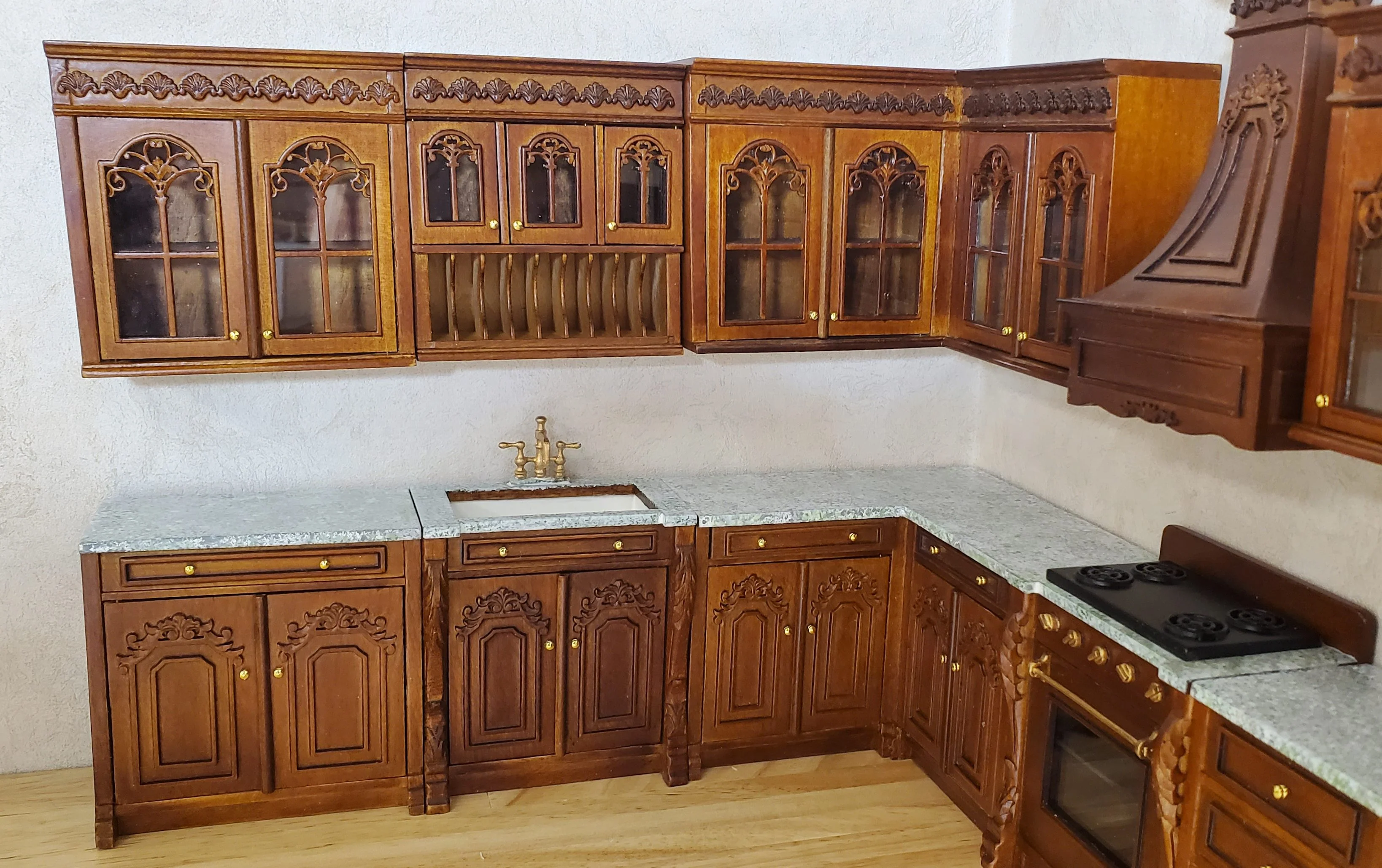 JBM Dollhouse Deluxe Kitchen Set 12 Pcs Stove Sink Cupboards Fridge Walnut 1:12 - Image 2