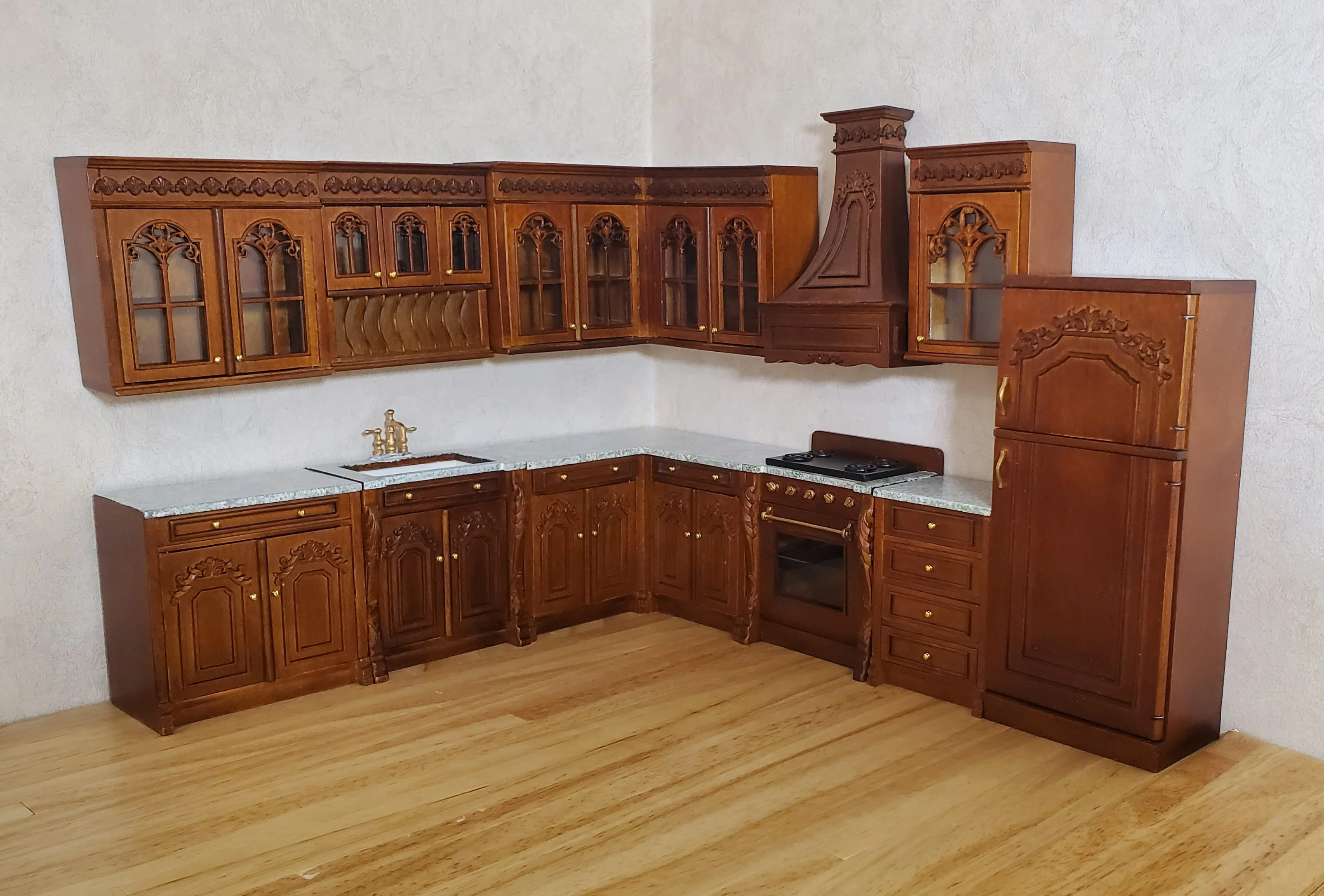 JBM Dollhouse Deluxe Kitchen Set 12 Pcs Stove Sink Cupboards Fridge Walnut 1:12 - Image 3