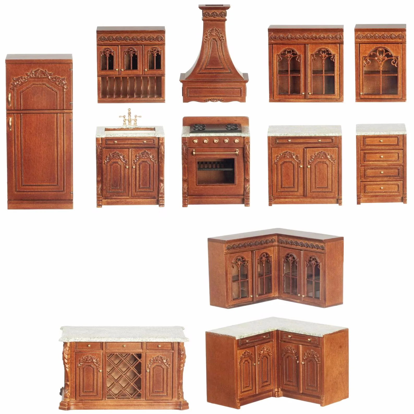 JBM Dollhouse Deluxe Kitchen Set 12 Pcs Stove Sink Cupboards Fridge Walnut 1:12 - Image 6