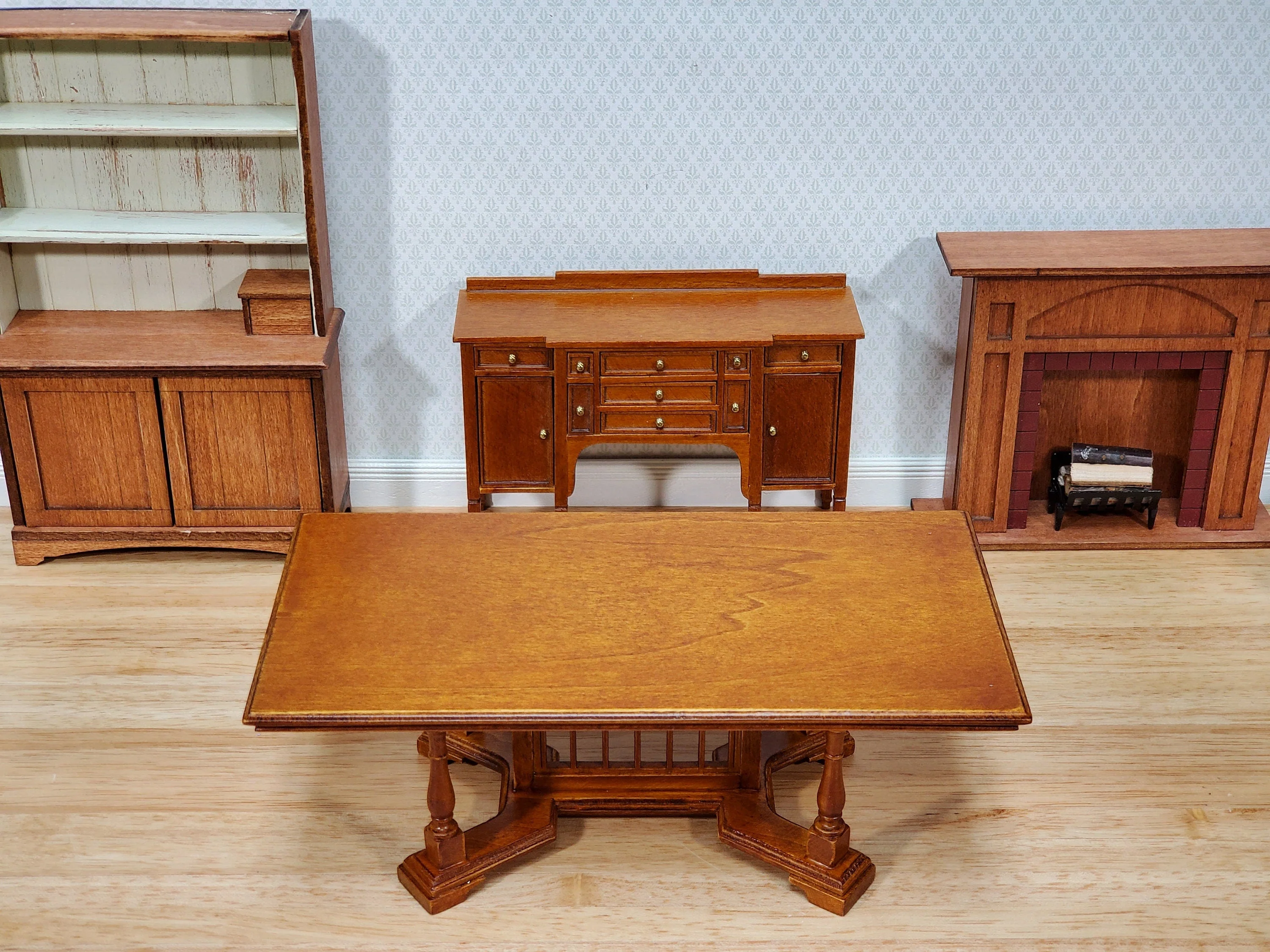 JBM Dollhouse Dining Table Gothic Tudor Style 1:12 Scale Miniature Furniture Walnut Finish - Image 3