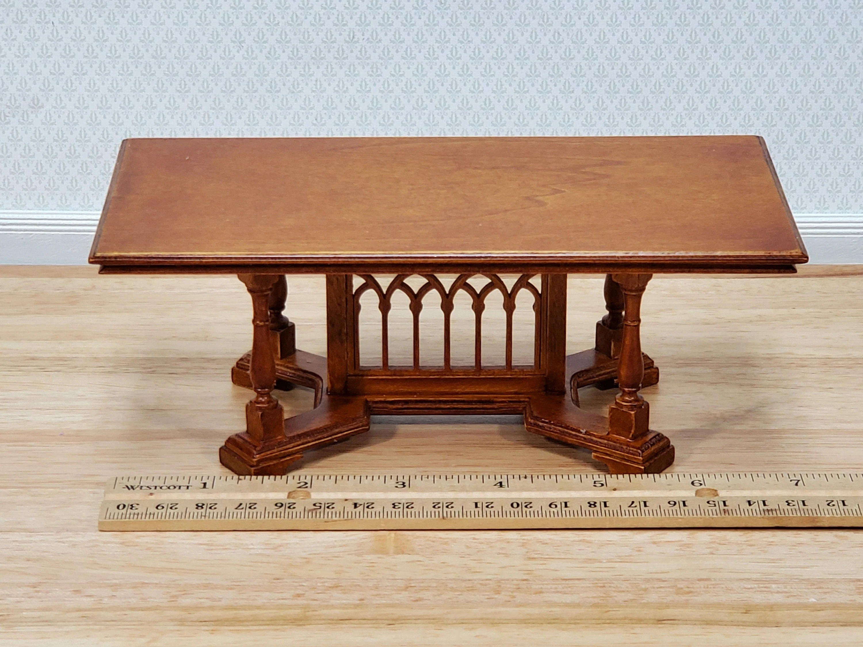 JBM Dollhouse Dining Table Gothic Tudor Style 1:12 Scale Miniature Furniture Walnut Finish - Image 4