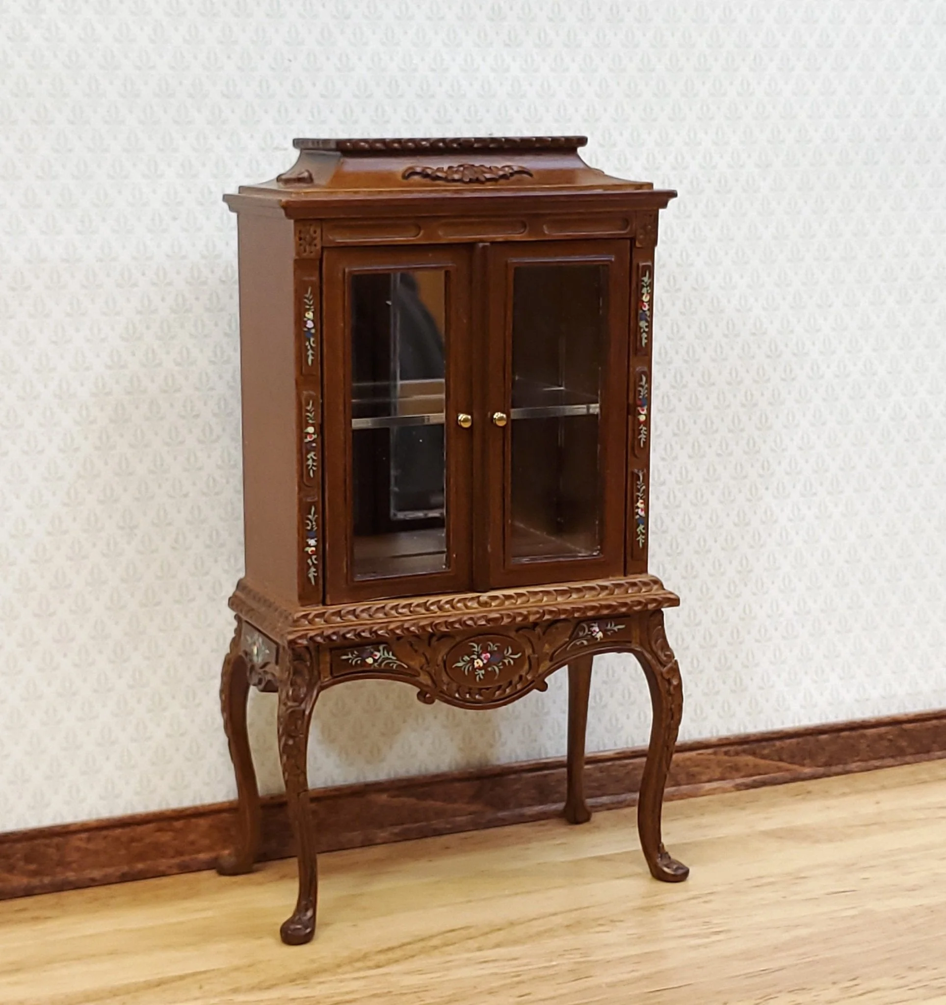 JBM Dollhouse Display Cabinet Hand Painted Details 1:12 Scale Furniture Walnut Finish