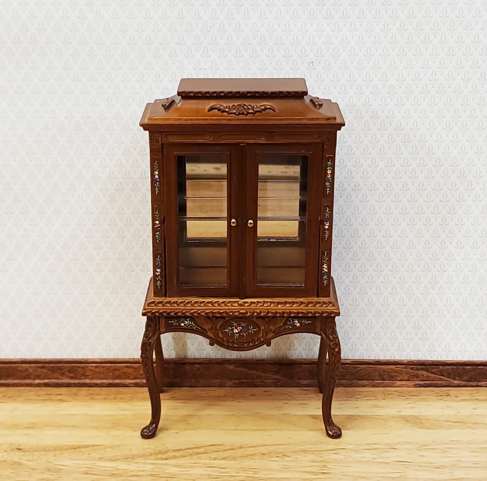 JBM Dollhouse Display Cabinet Hand Painted Details 1:12 Scale Furniture Walnut Finish - Image 2