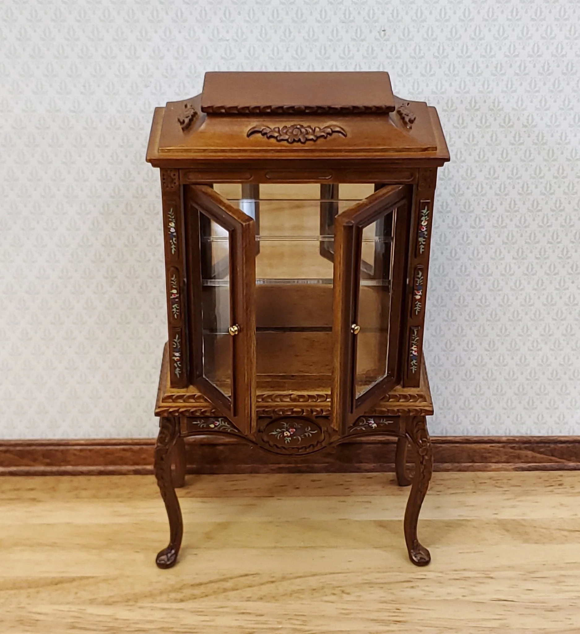 JBM Dollhouse Display Cabinet Hand Painted Details 1:12 Scale Furniture Walnut Finish - Image 4