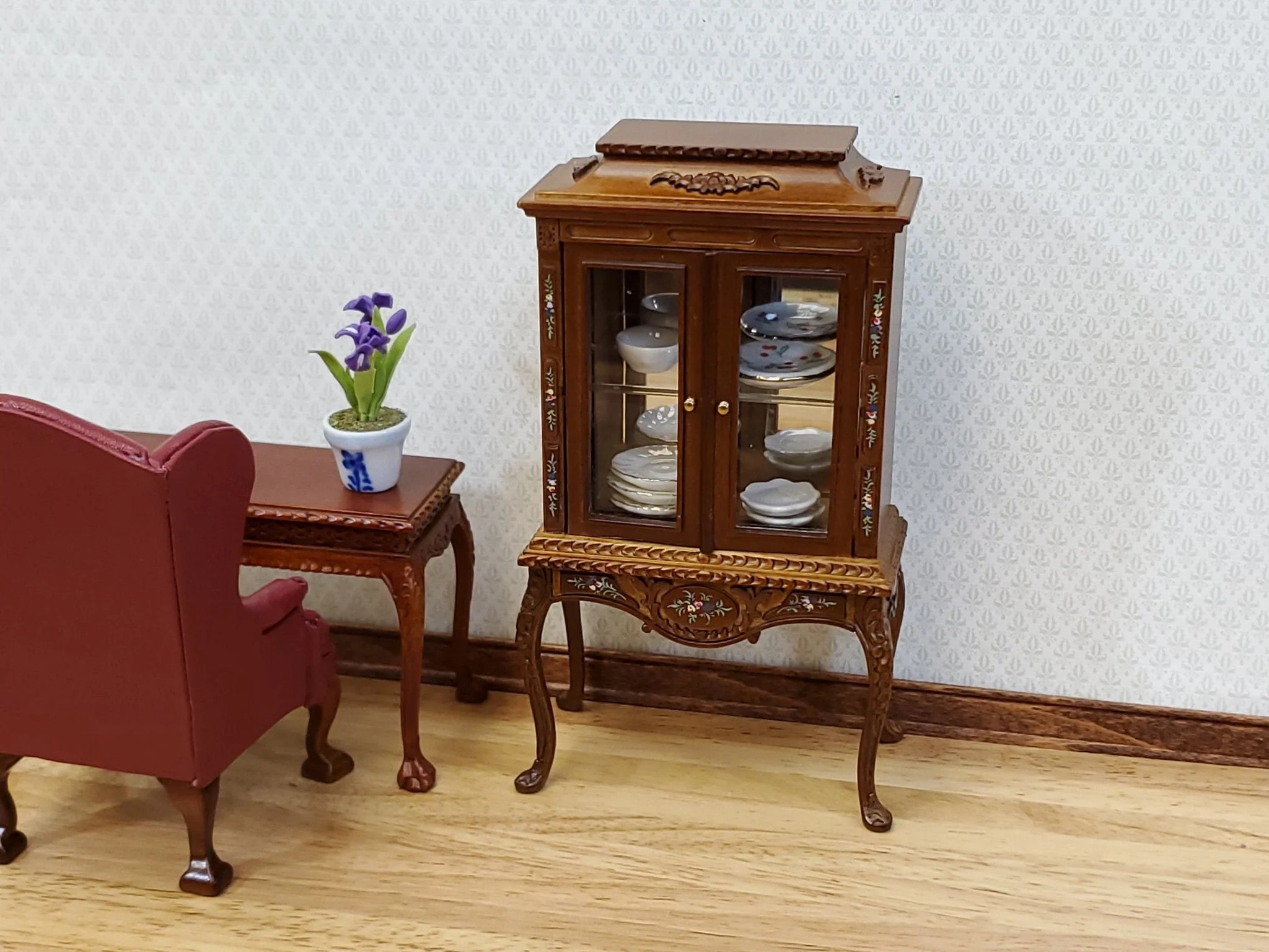 JBM Dollhouse Display Cabinet Hand Painted Details 1:12 Scale Furniture Walnut Finish - Image 7