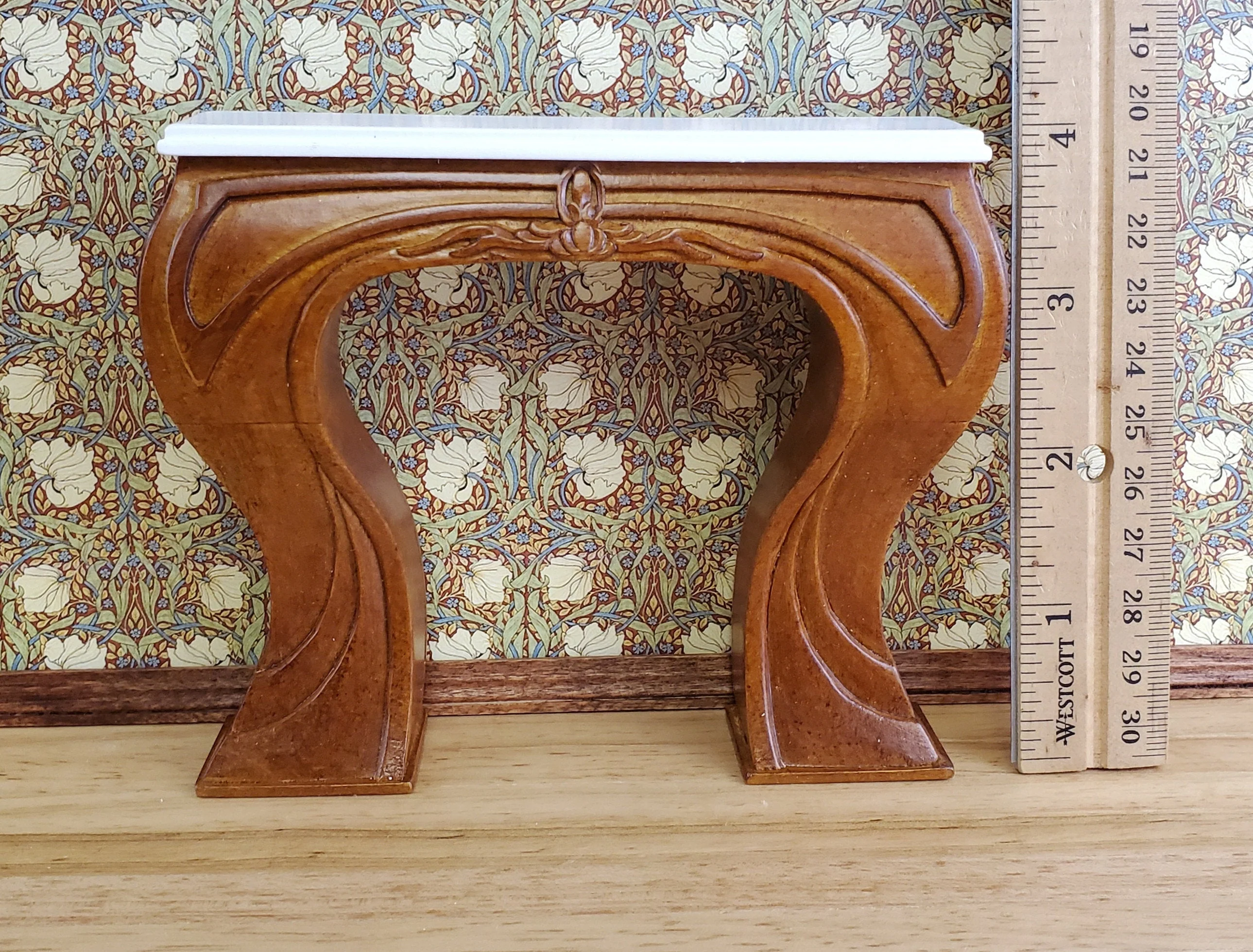 JBM Dollhouse Fireplace Art Nouveau Style 1:12 Scale Miniature Walnut Finish - Image 4