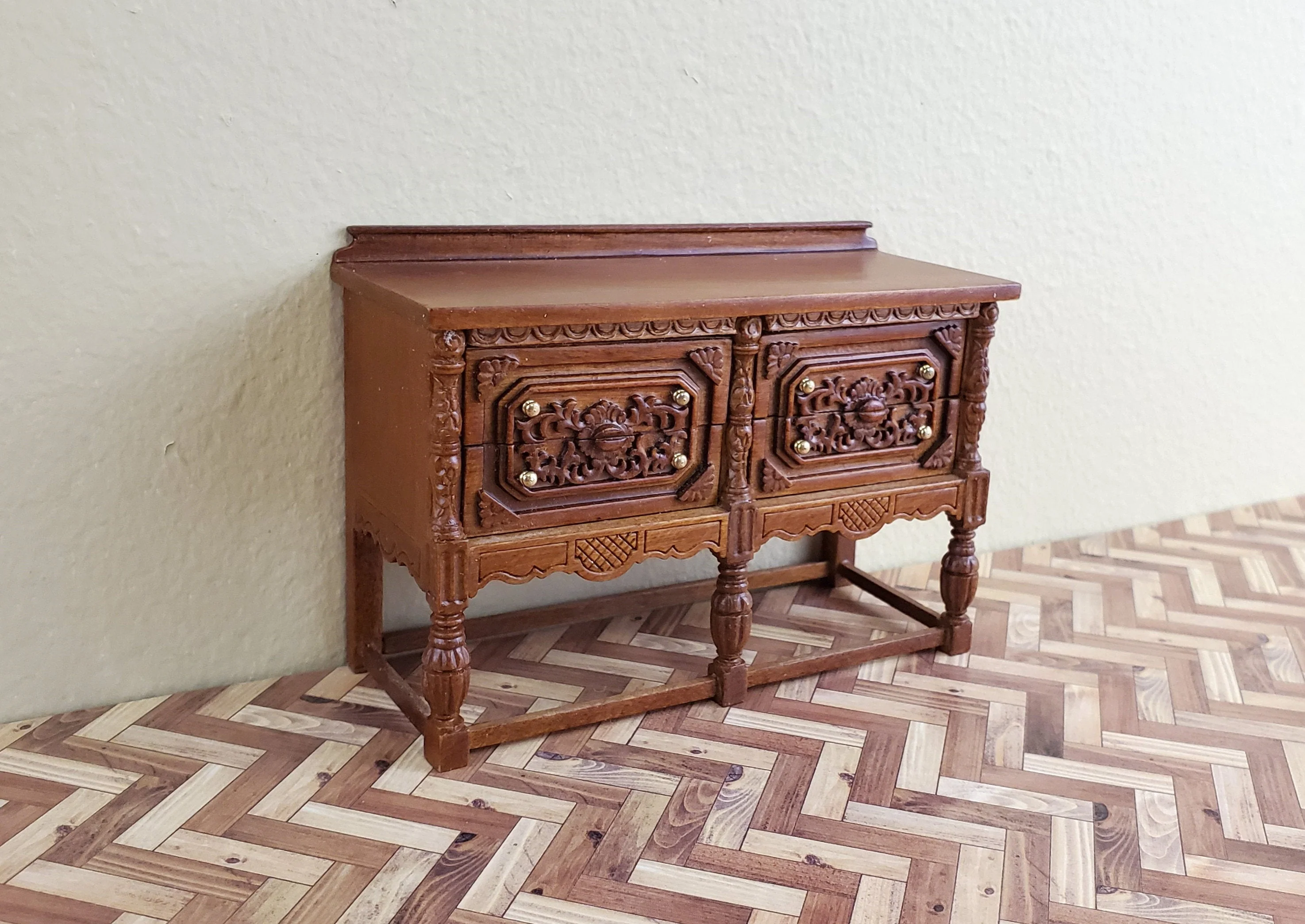 JBM Dollhouse Sideboard Buffet Gothic Style Walnut Finish 1:12 Scale Furniture - Image 2