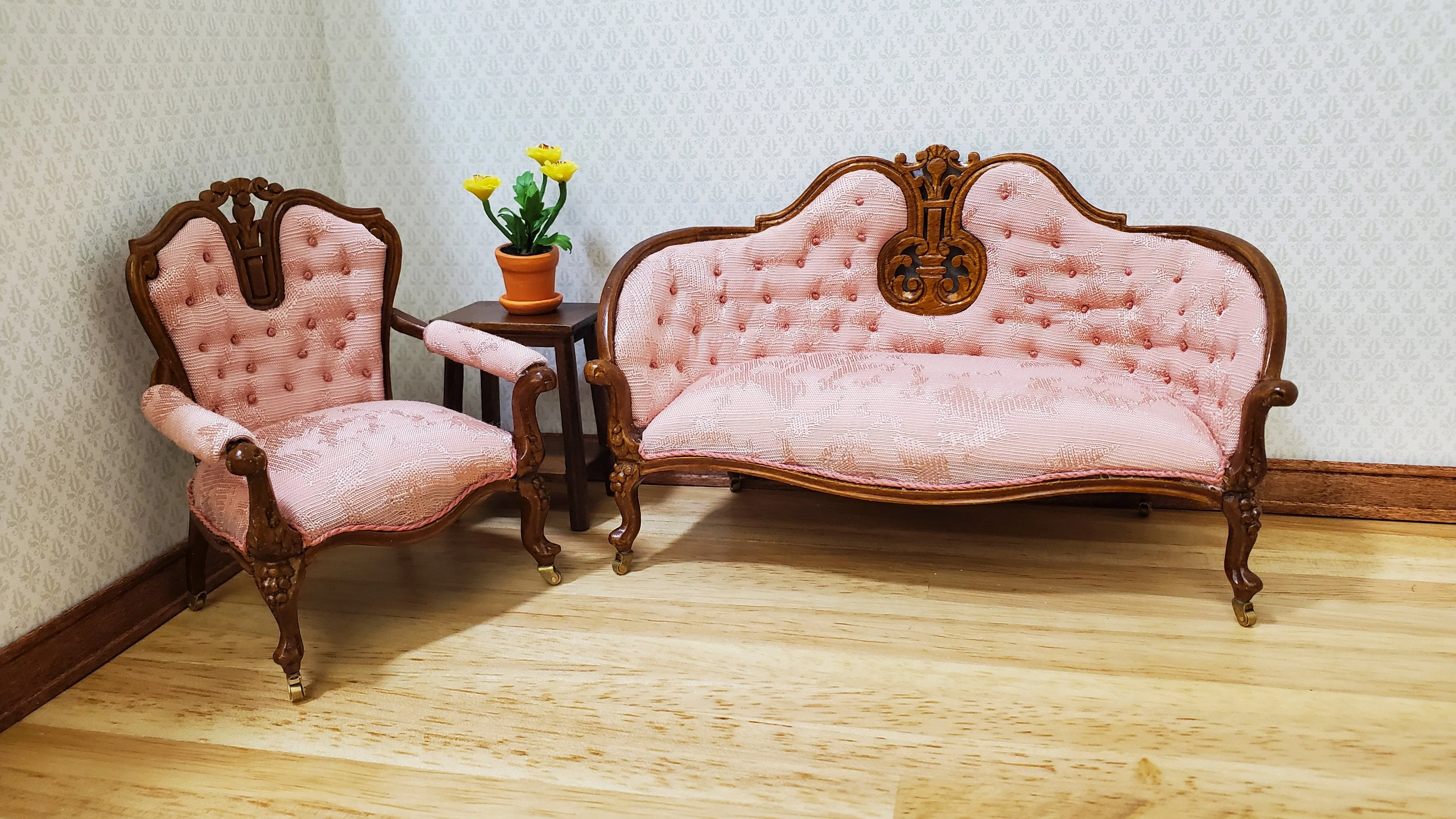 JBM Dollhouse Pink Settee Sofa Victorian Style Walnut Finish 1:12 Scale Couch - Image 3