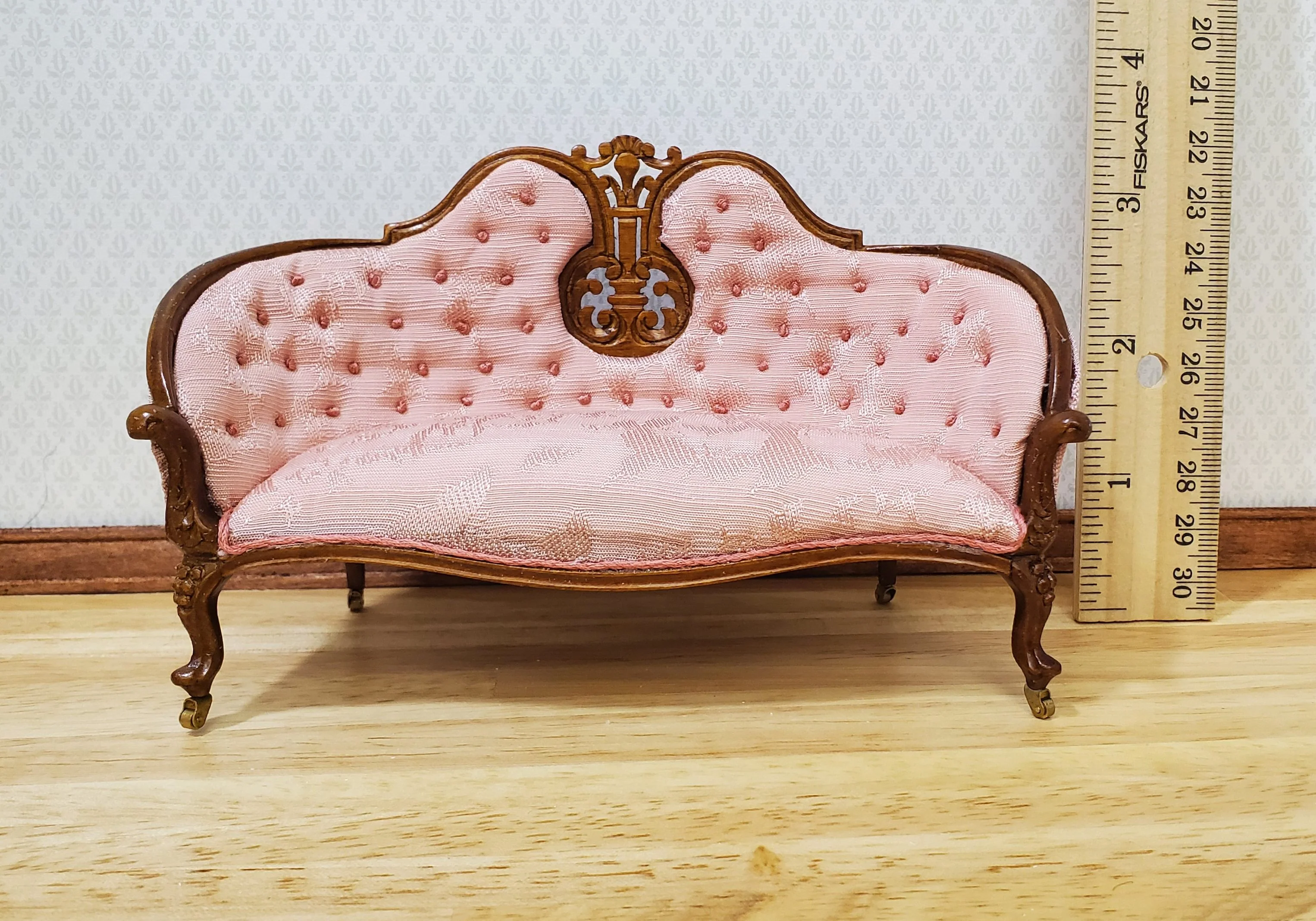 JBM Dollhouse Pink Settee Sofa Victorian Style Walnut Finish 1:12 Scale Couch - Image 5
