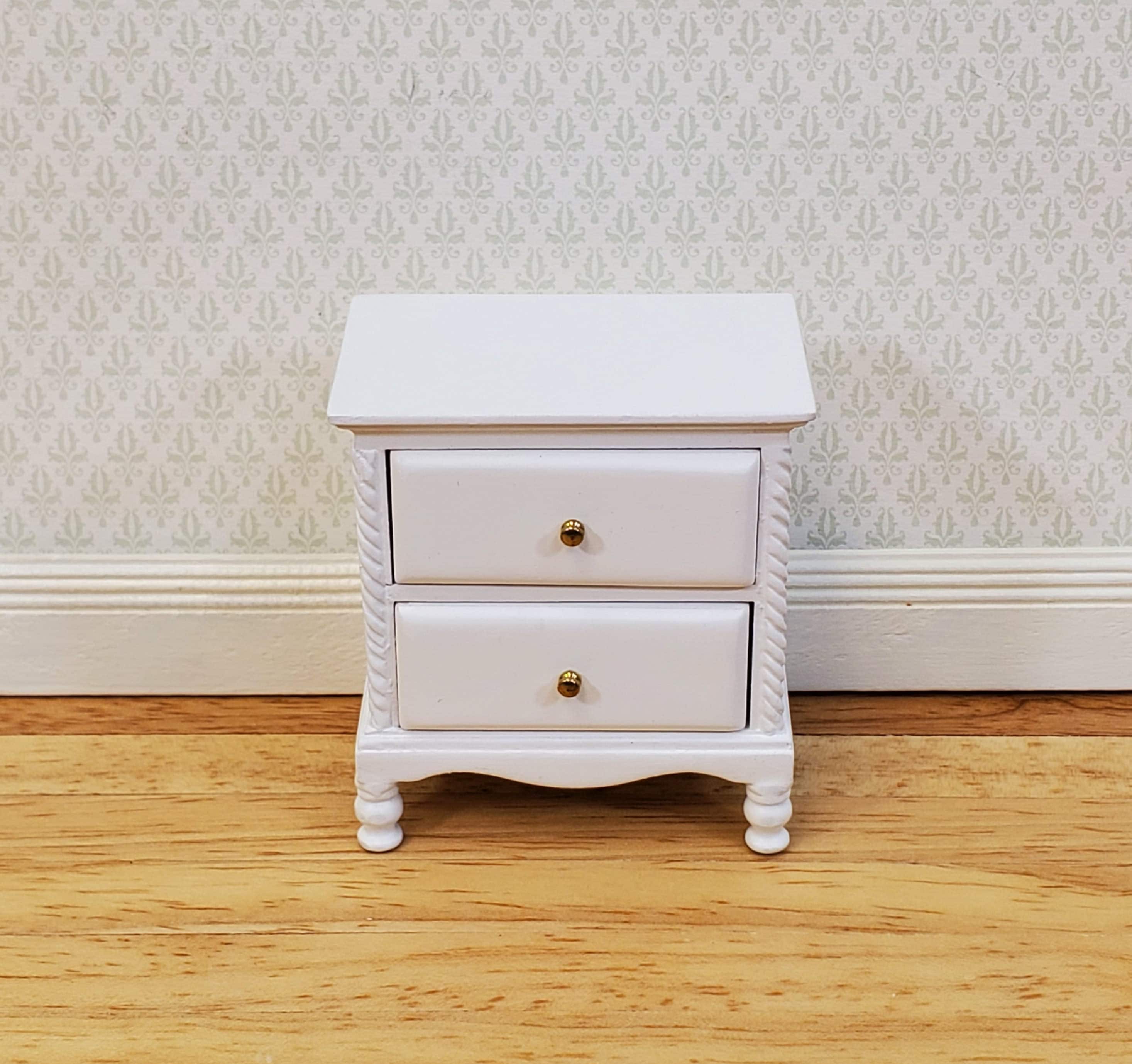 JBM Dollhouse Side Table or Nightstand 2 Drawers White 1:12 Scale Miniature Furniture