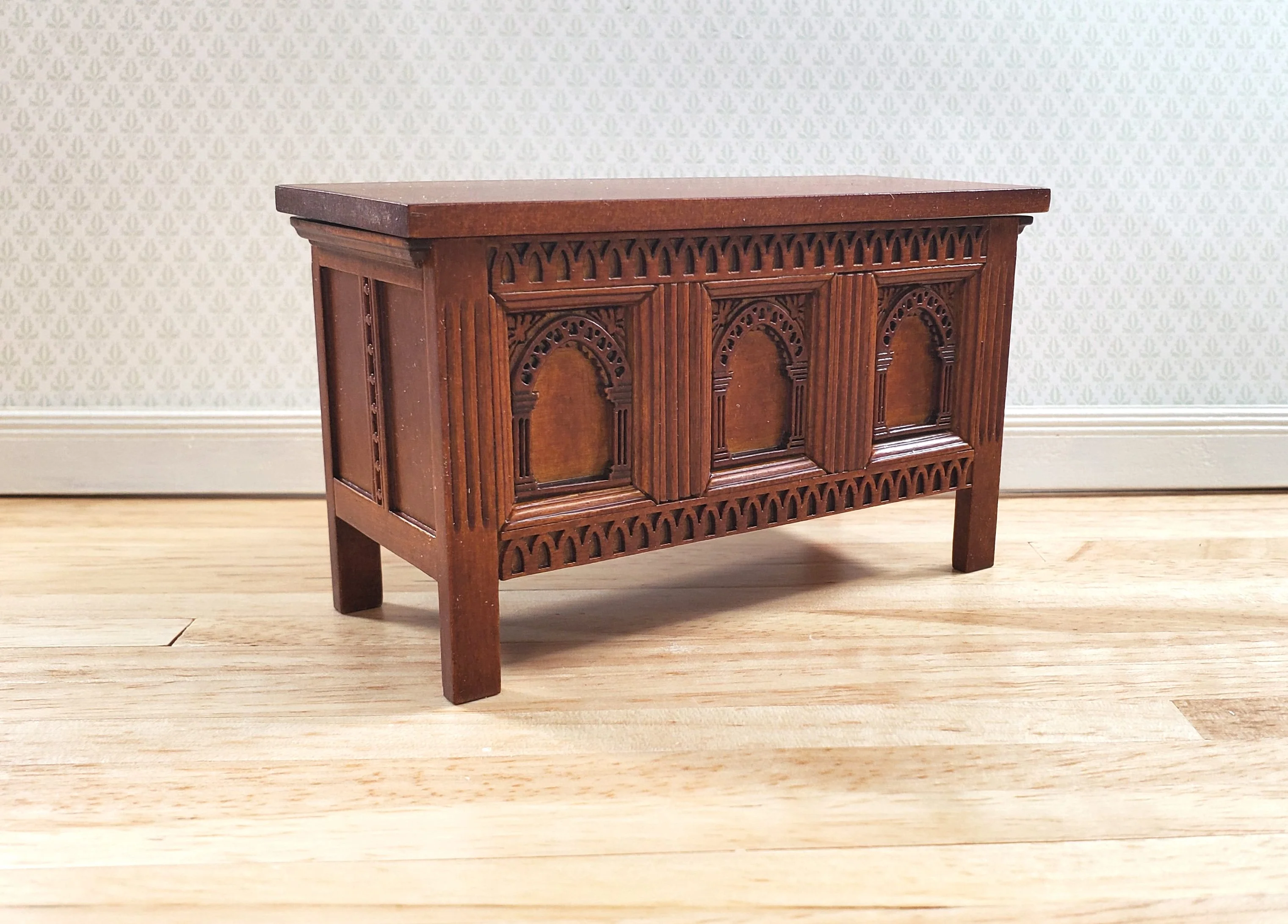 JBM Dollhouse Trunk Chest Tudor Gothic Style Walnut Finish 1:12 Scale Miniature