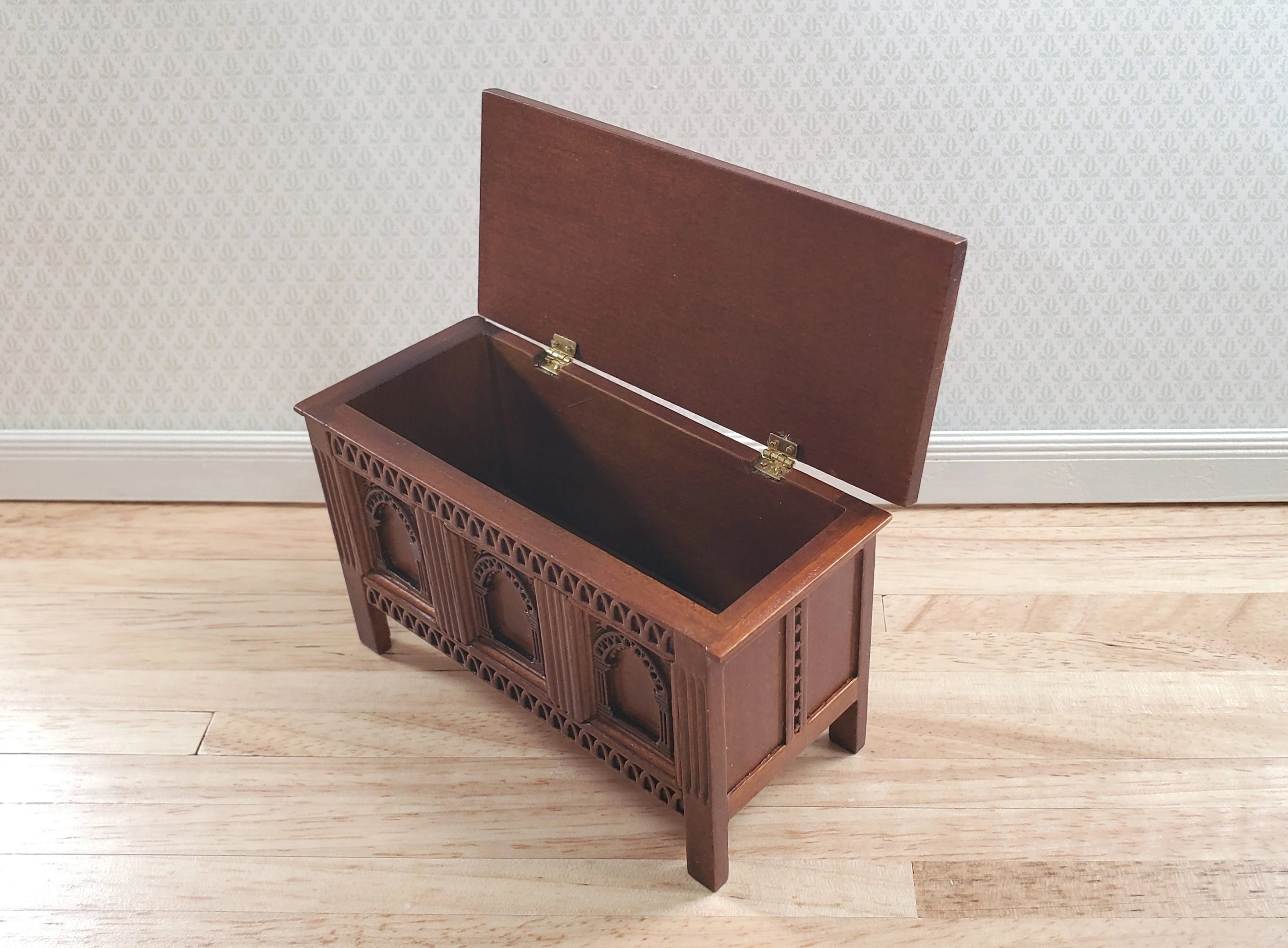 JBM Dollhouse Trunk Chest Tudor Gothic Style Walnut Finish 1:12 Scale Miniature - Image 3