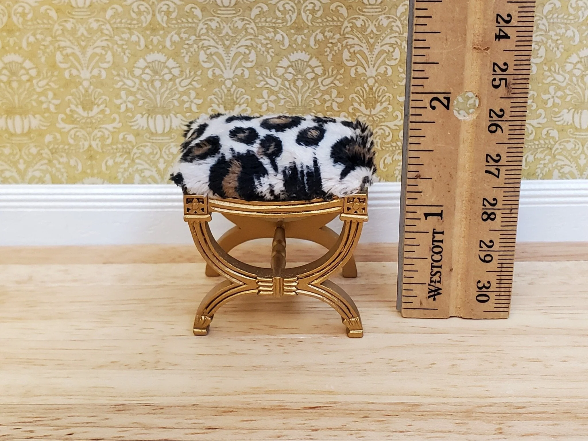 JBM Dollhouse Vanity Stool Bench Wood Animal Print Seat 1:12 Scale Miniature Furniture - Image 5
