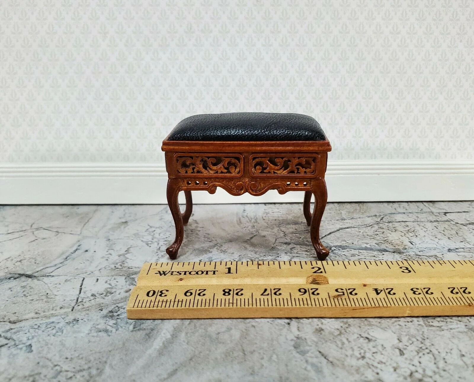 JBM Dollhouse Vanity Stool Bench Wood Faux Leather Seat 1:12 Scale Furniture - Image 3