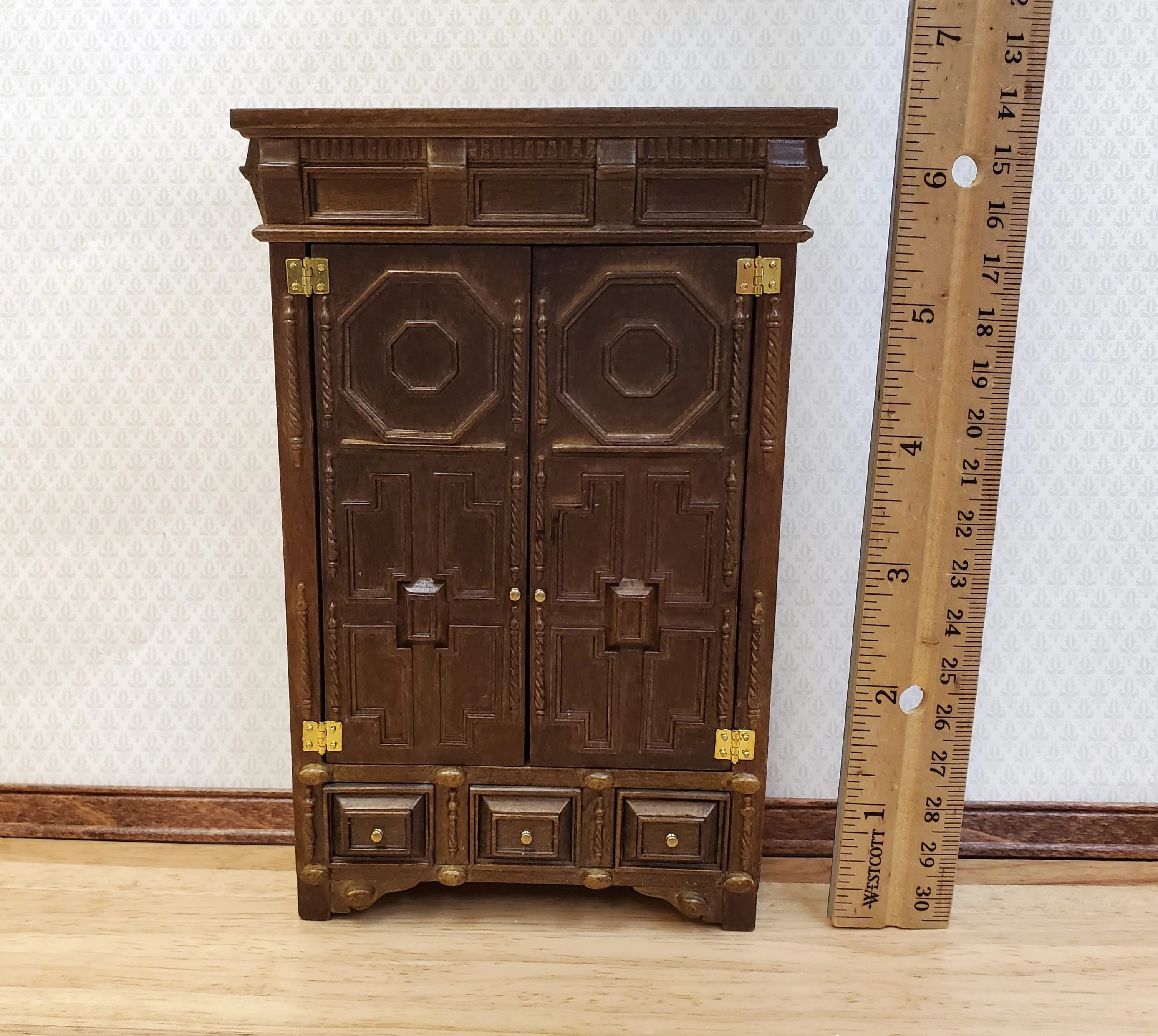 JBM Dollhouse Wardrobe Closet French Louis XIII Style Walnut Finish 1:12 Scale Miniature Furniture - Image 5