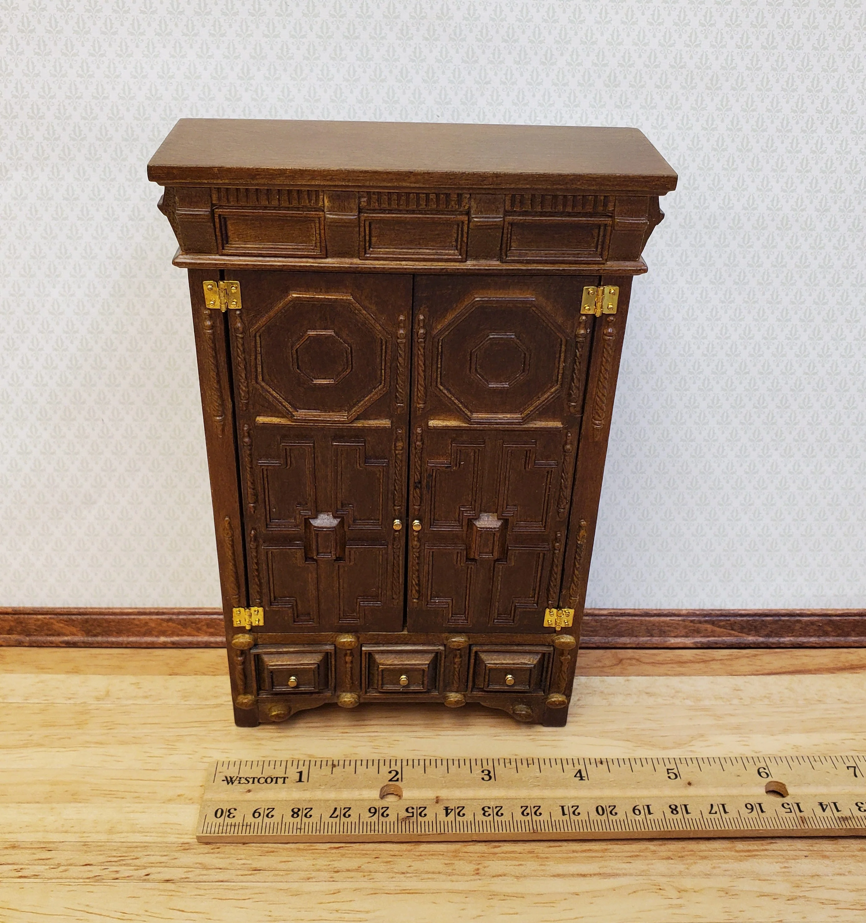 JBM Dollhouse Wardrobe Closet French Louis XIII Style Walnut Finish 1:12 Scale Miniature Furniture - Image 7