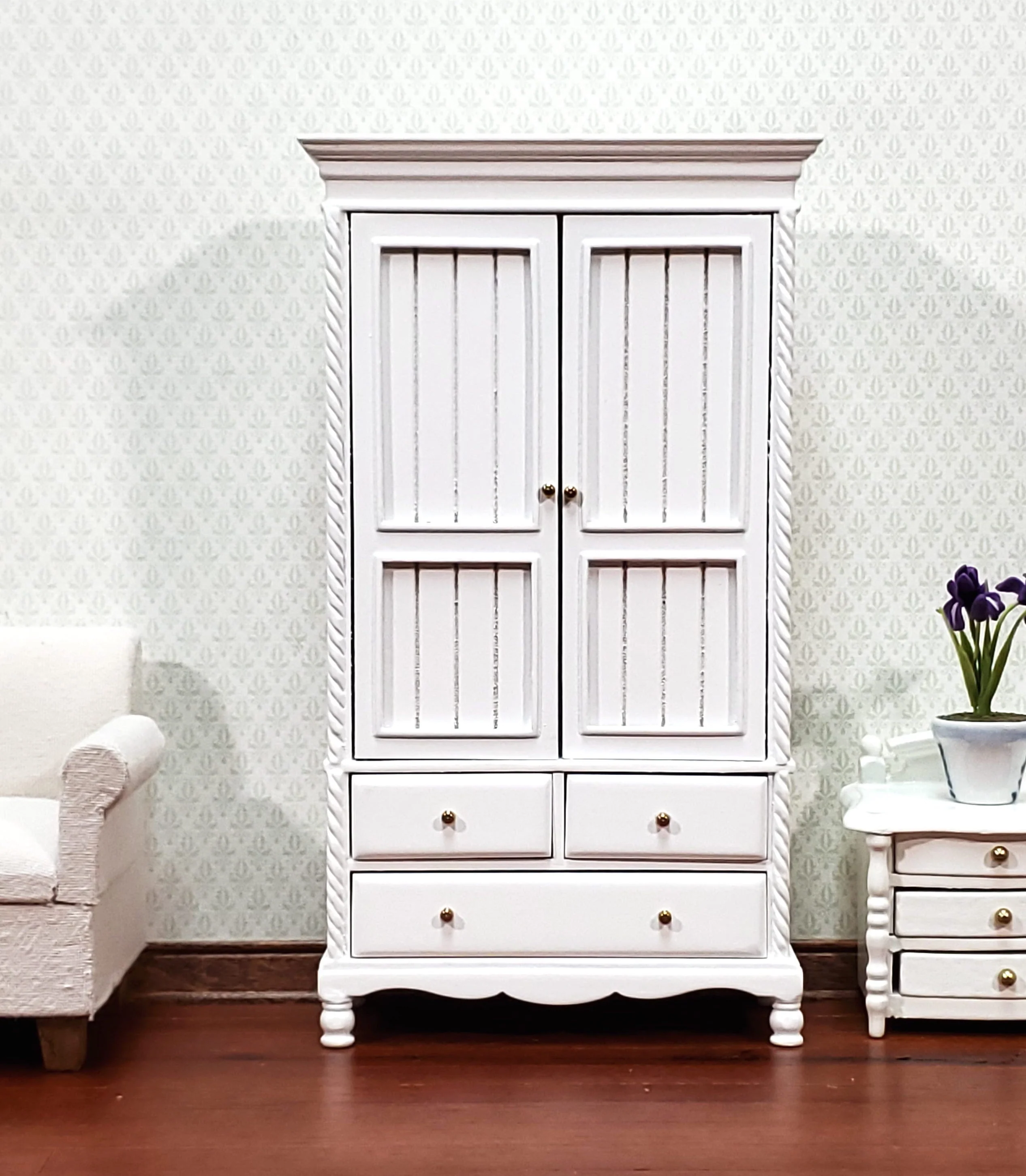 JBM Dollhouse Wardrobe Closet Wood with a White Finish 1:12 Scale Miniature Furniture