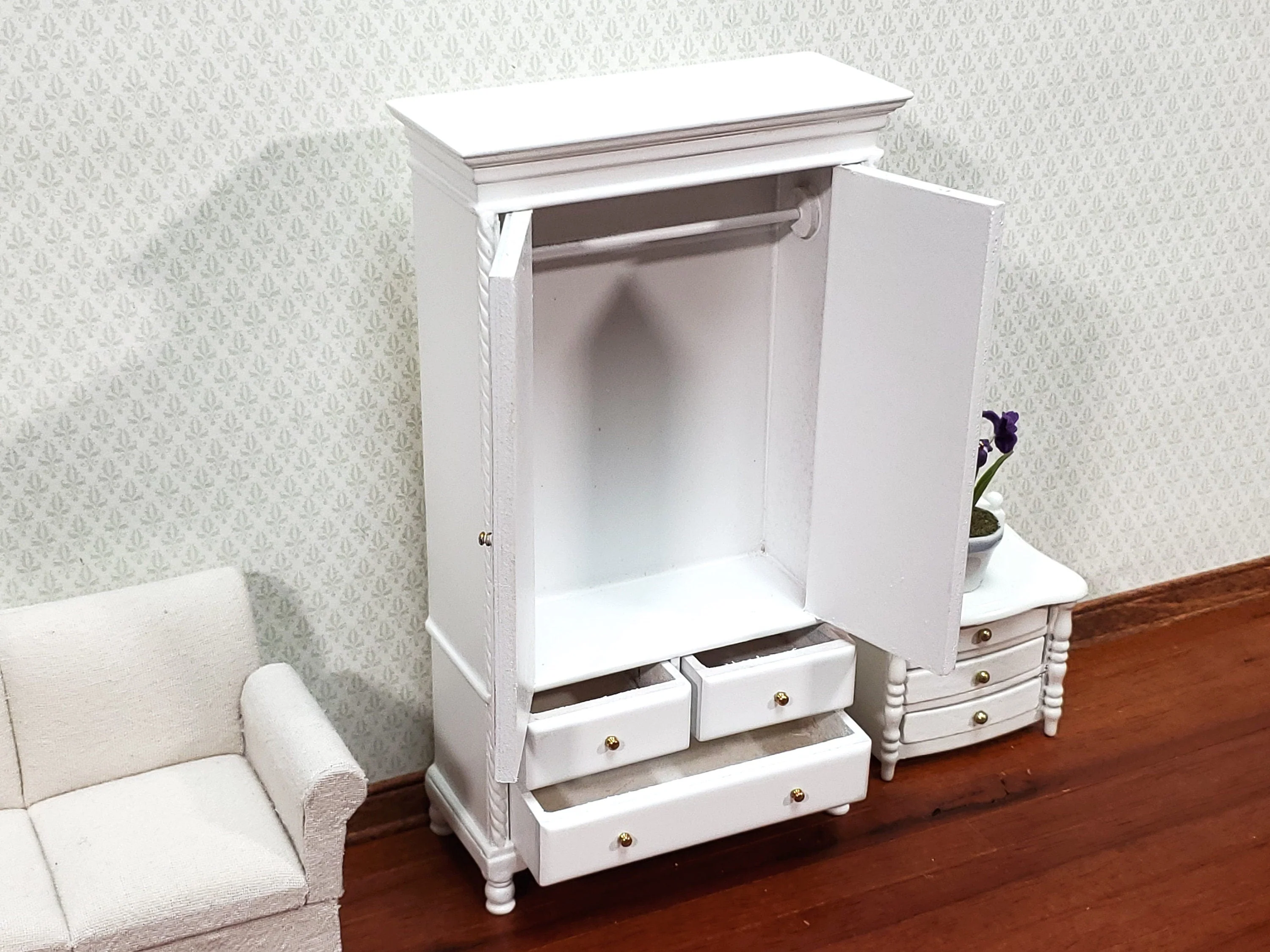 JBM Dollhouse Wardrobe Closet Wood with a White Finish 1:12 Scale Miniature Furniture - Image 3