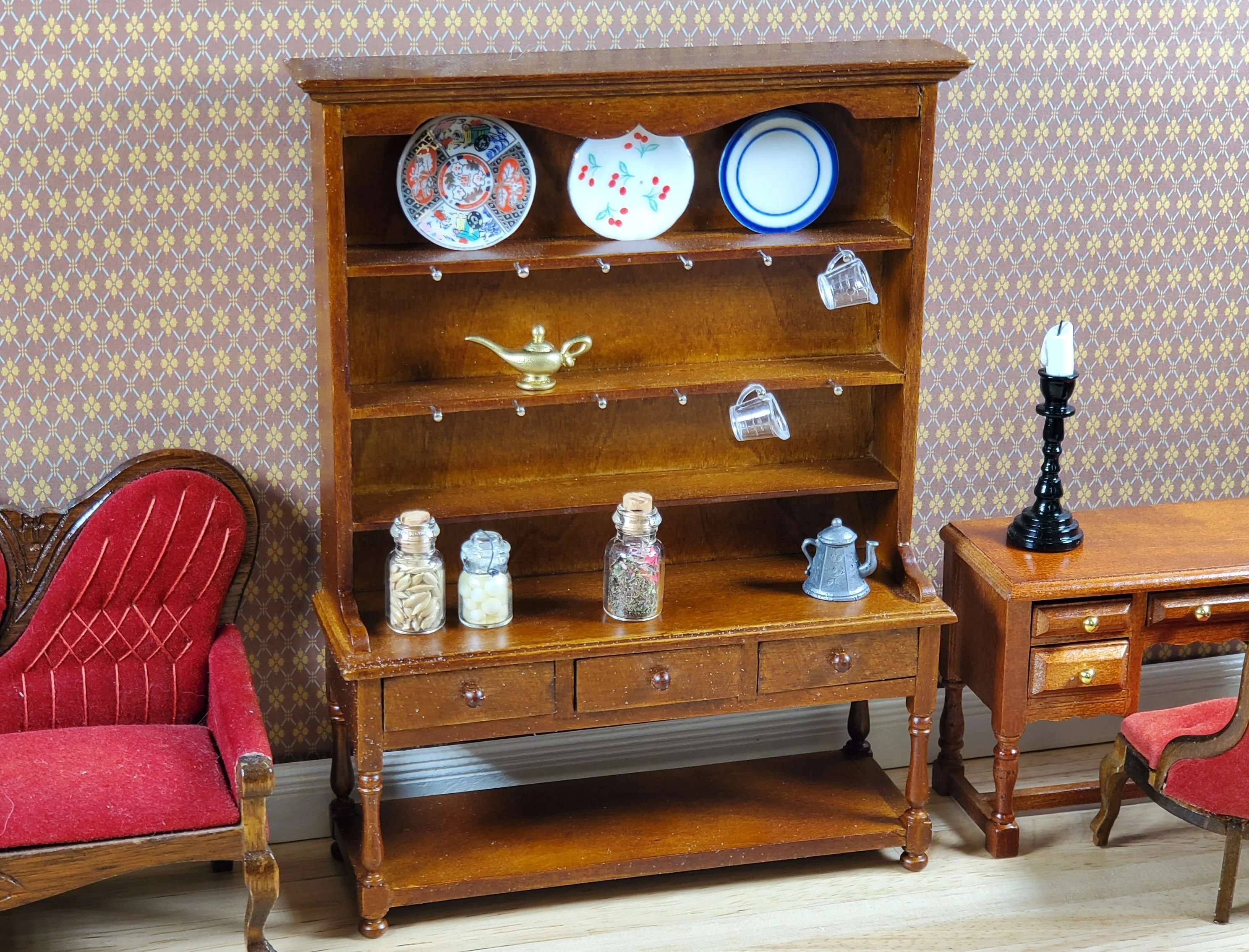 JBM Dollhouse Welsh Cabinet Hutch 1:12 Scale Miniature Furniture Walnut Finish - Image 3