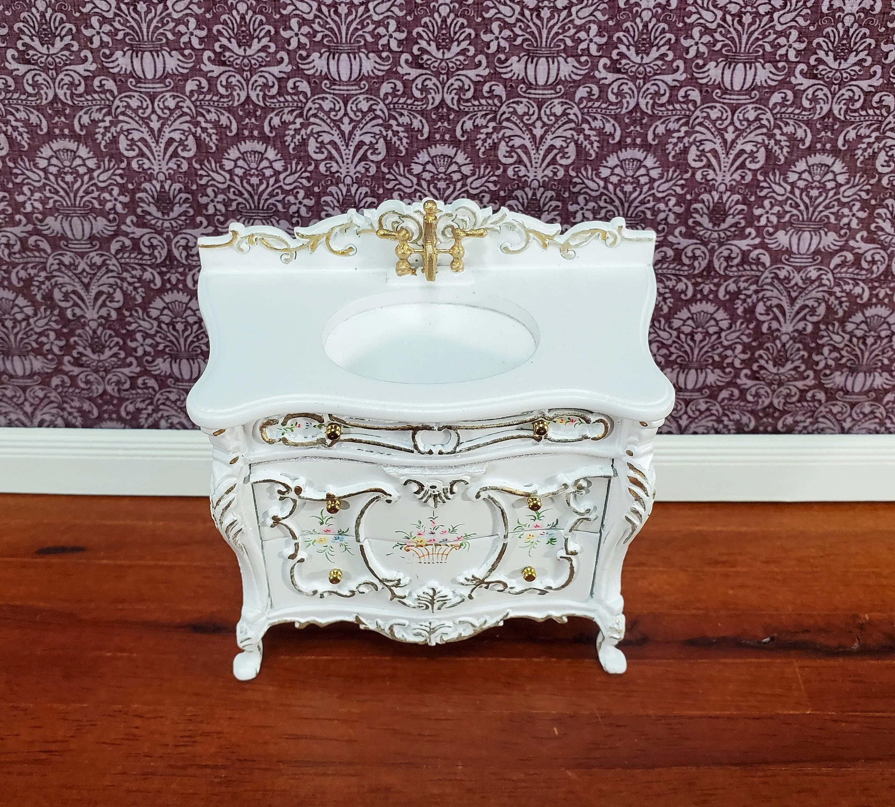JBM Miniature Bathroom Sink White & Gold Baroque Style 1:12 Scale Dollhouse - Image 2