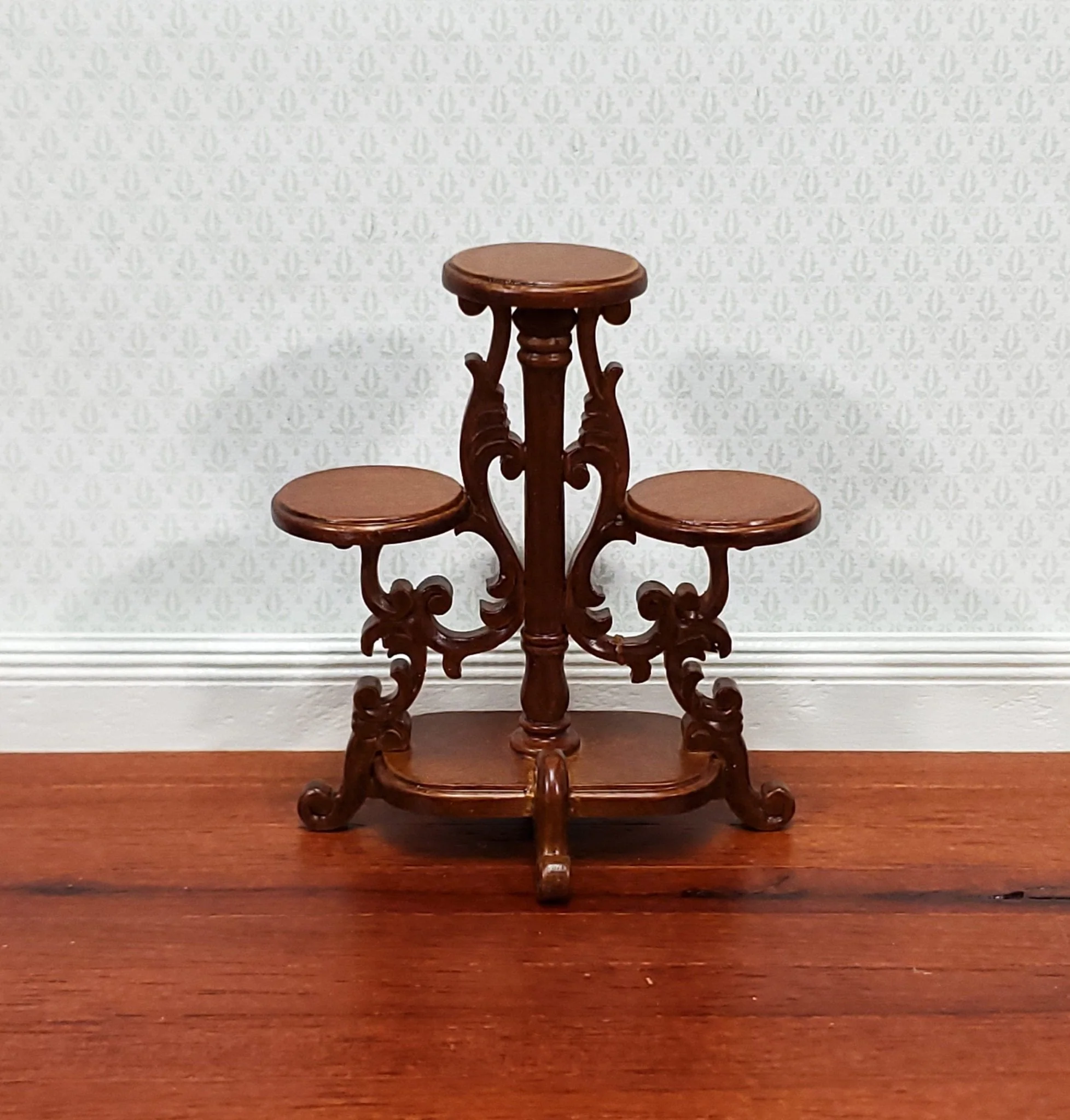 JBM Miniature Plant Stand Victorian Style Walnut Finish 1:12 Scale Dollhouse Furniture