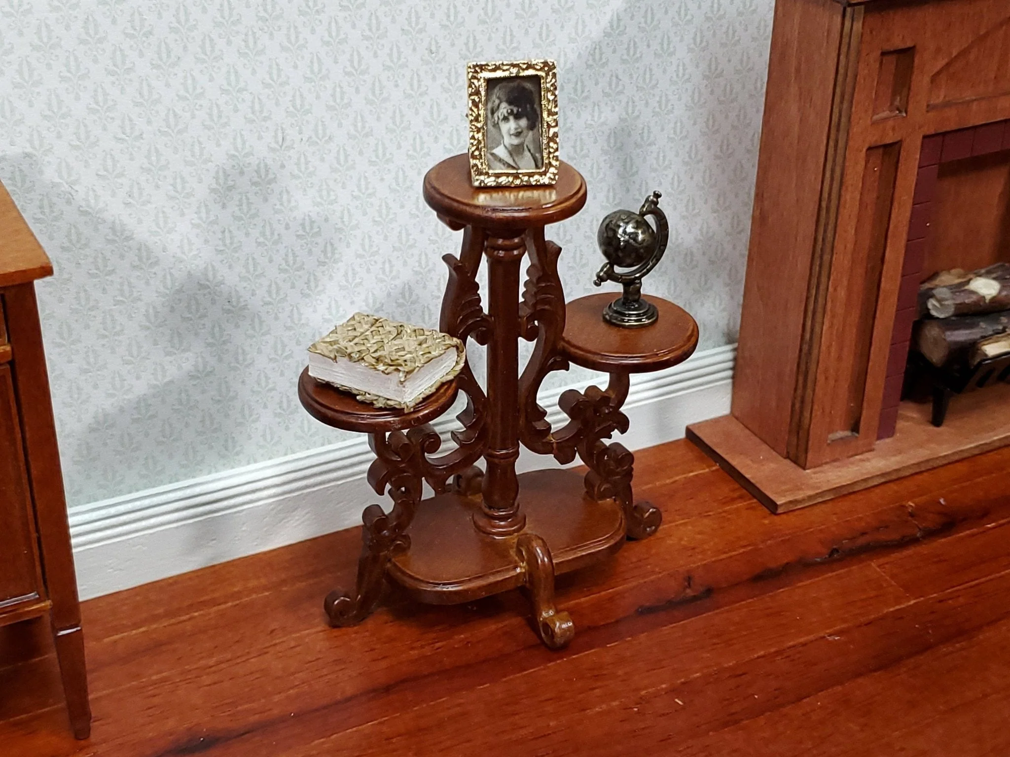 JBM Miniature Plant Stand Victorian Style Walnut Finish 1:12 Scale Dollhouse Furniture - Image 2