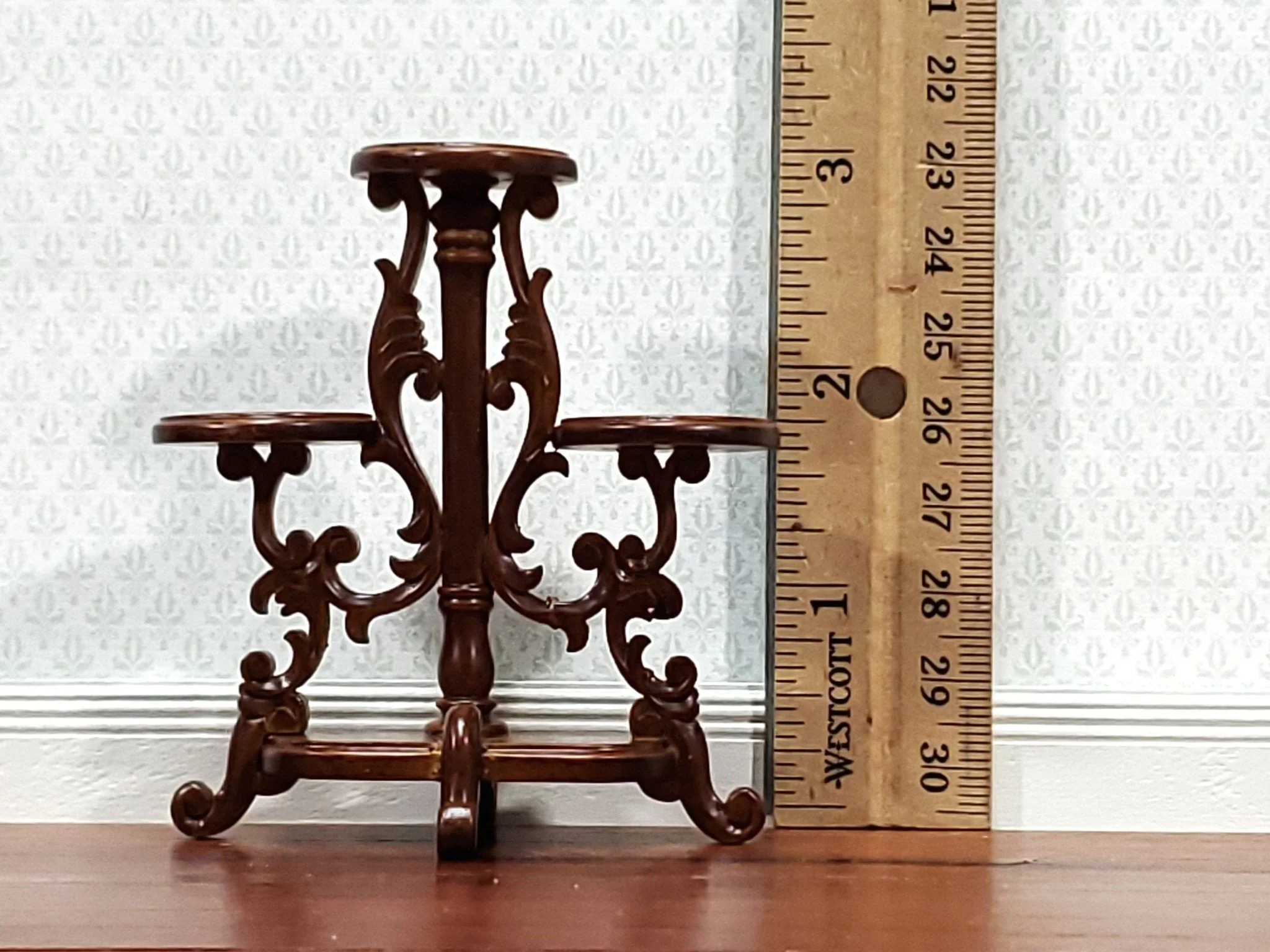 JBM Miniature Plant Stand Victorian Style Walnut Finish 1:12 Scale Dollhouse Furniture - Image 3